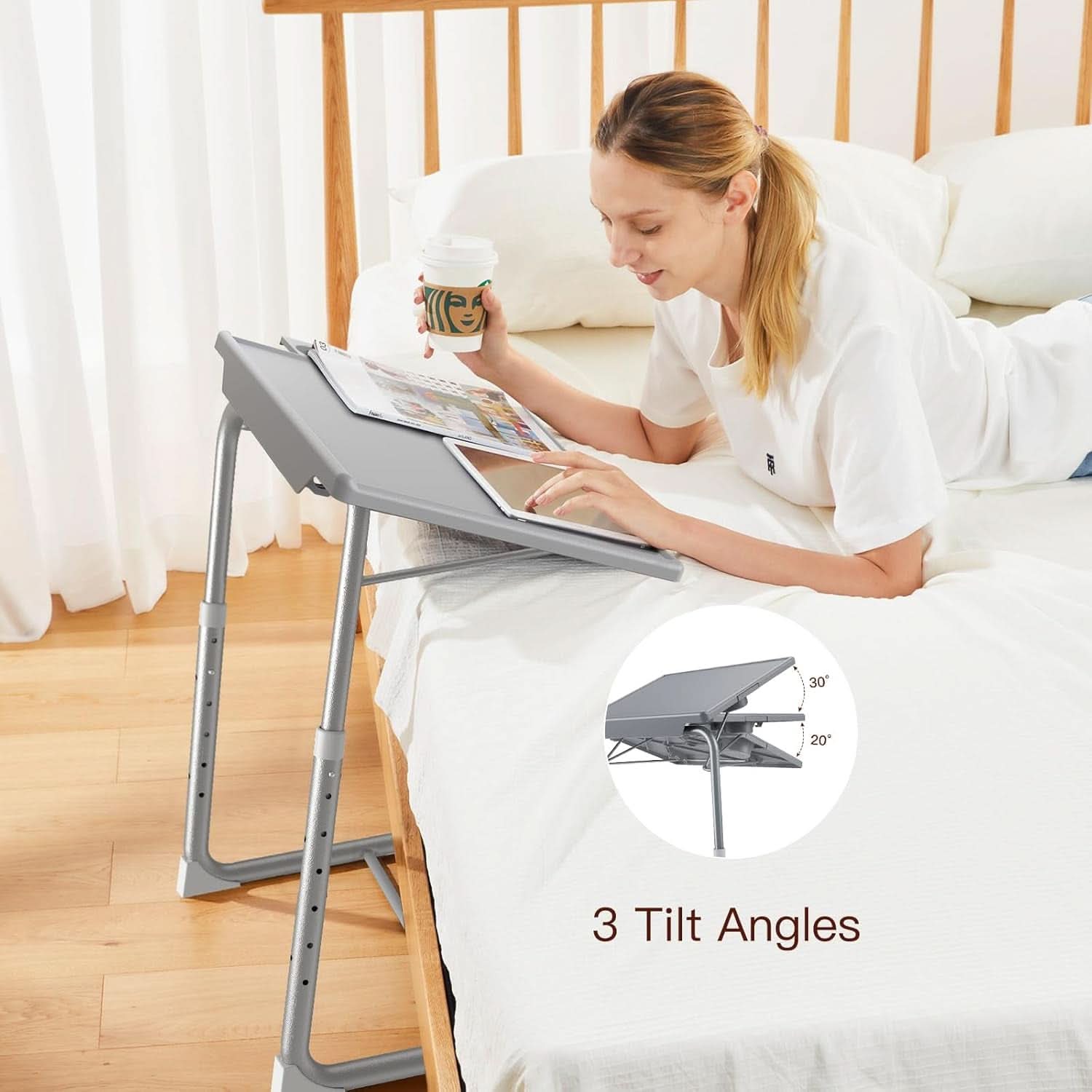 Gray Adjustable TV Tray Table For Bed And Sofa With 6 Height 3 Tilt