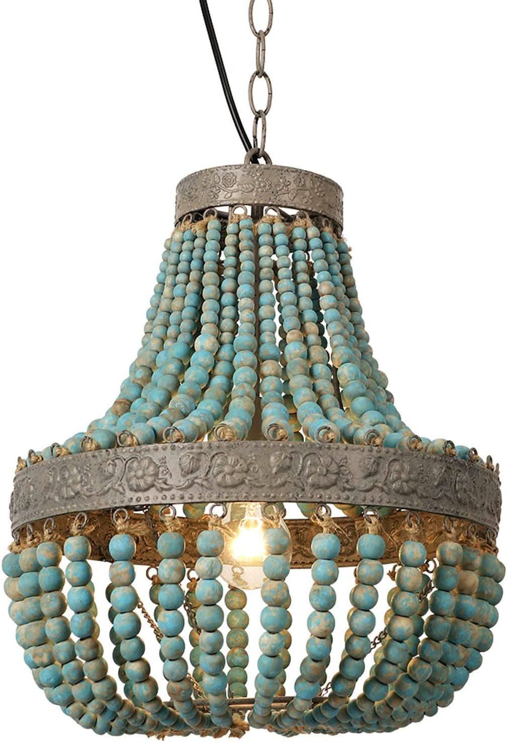 Gray Blue Rustic Wood Bead Chandelier Pendant Light