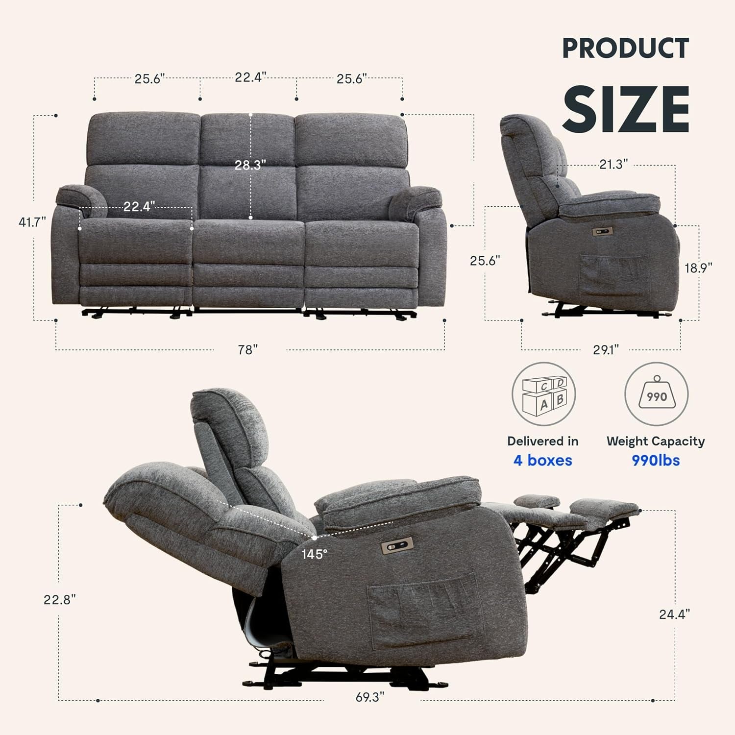 Gray Chenille Zero Gravity Recliner With Massage USB