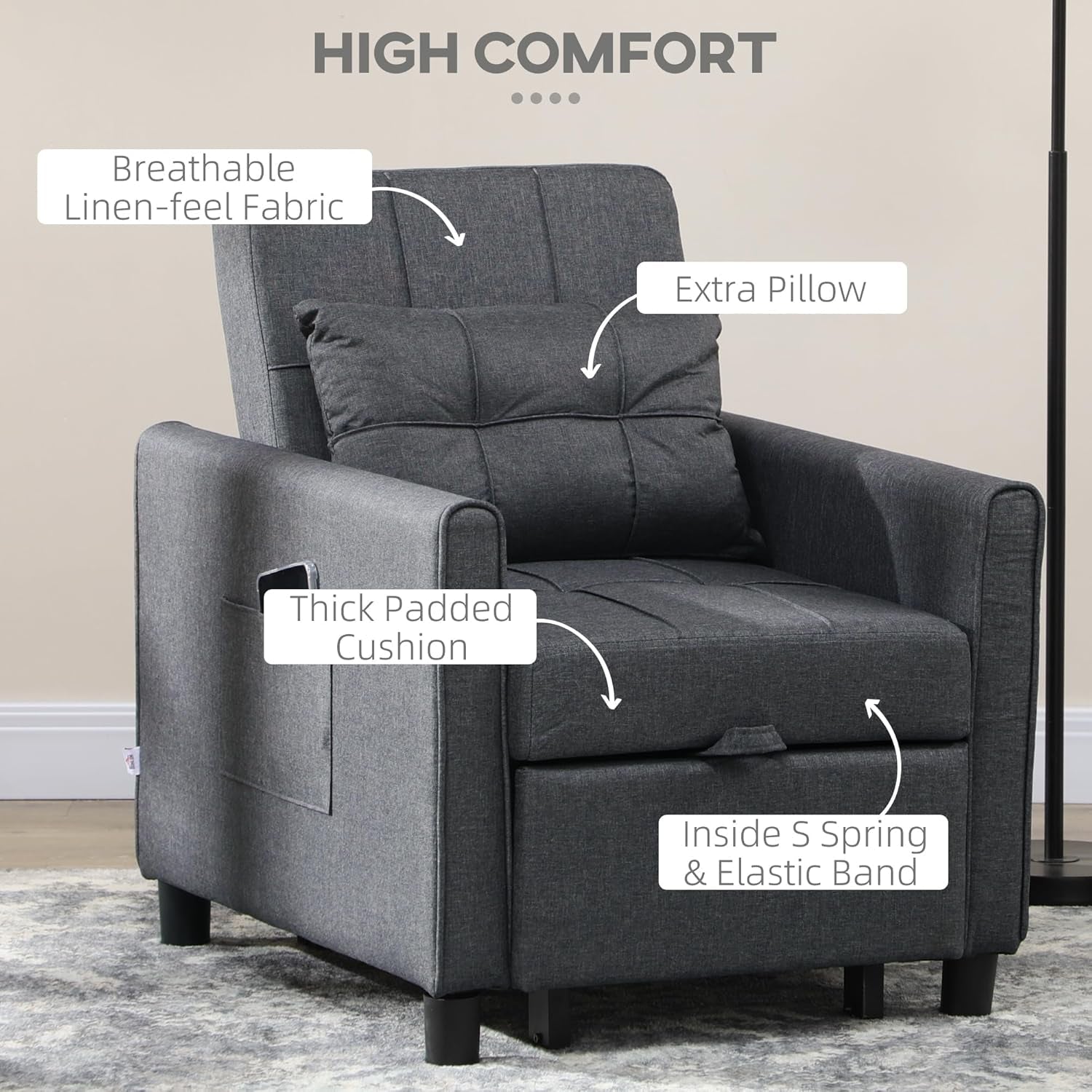 Gray Convertible Chair Bed With Adjustable Backrest