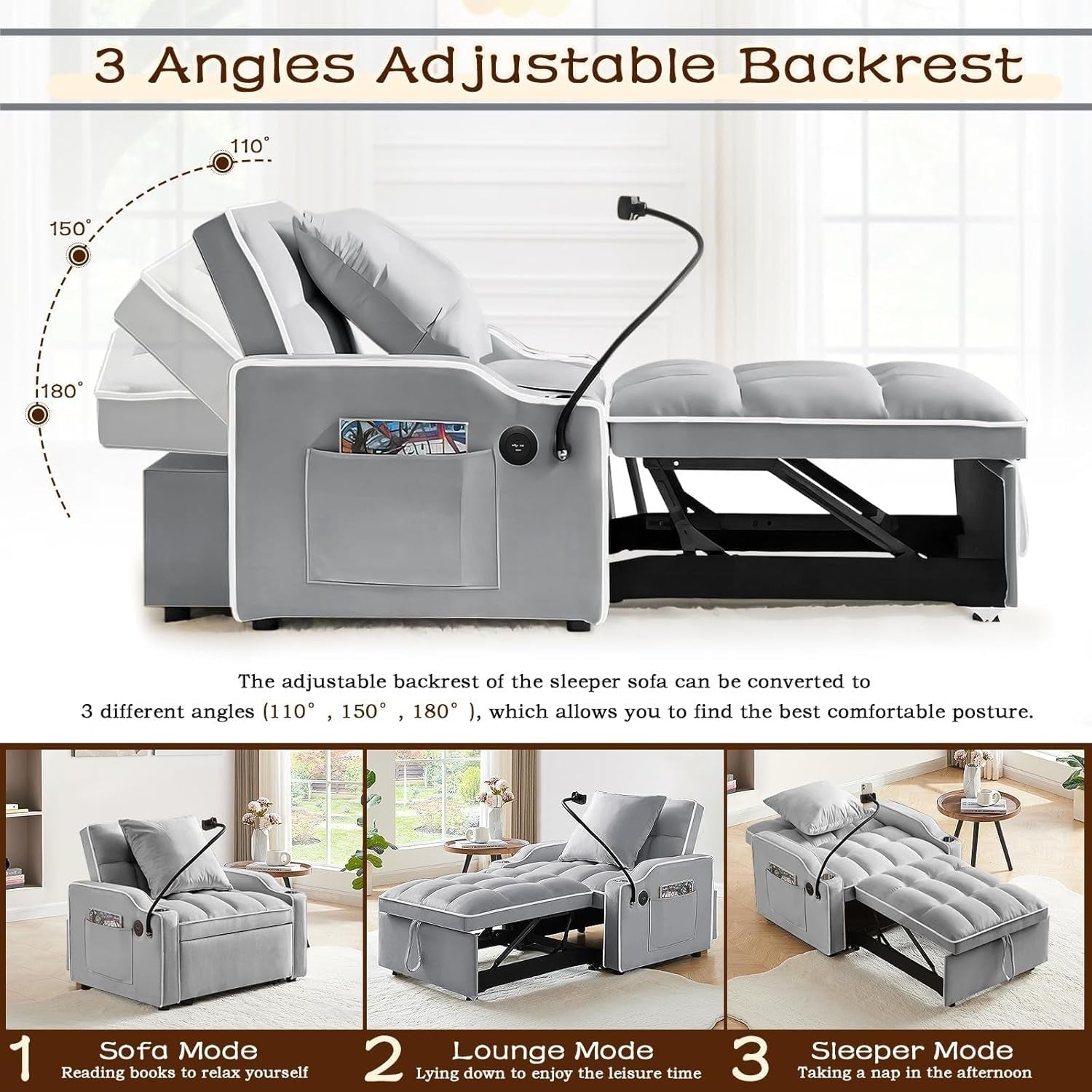 Gray Convertible Sleeper Chair With Builtin Cupholder