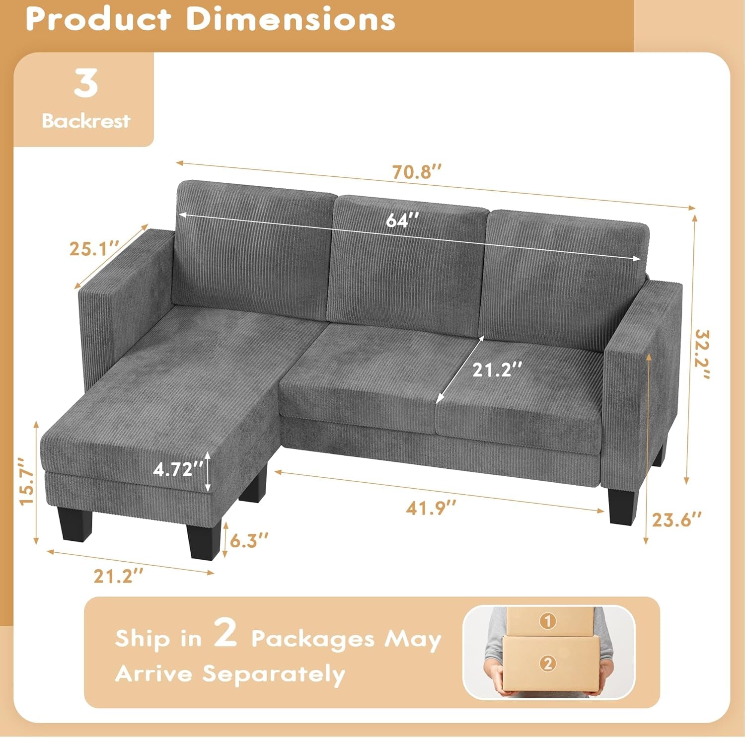 Gray Corduroy Convertible Sectional Sofa 3 Seat L Shape