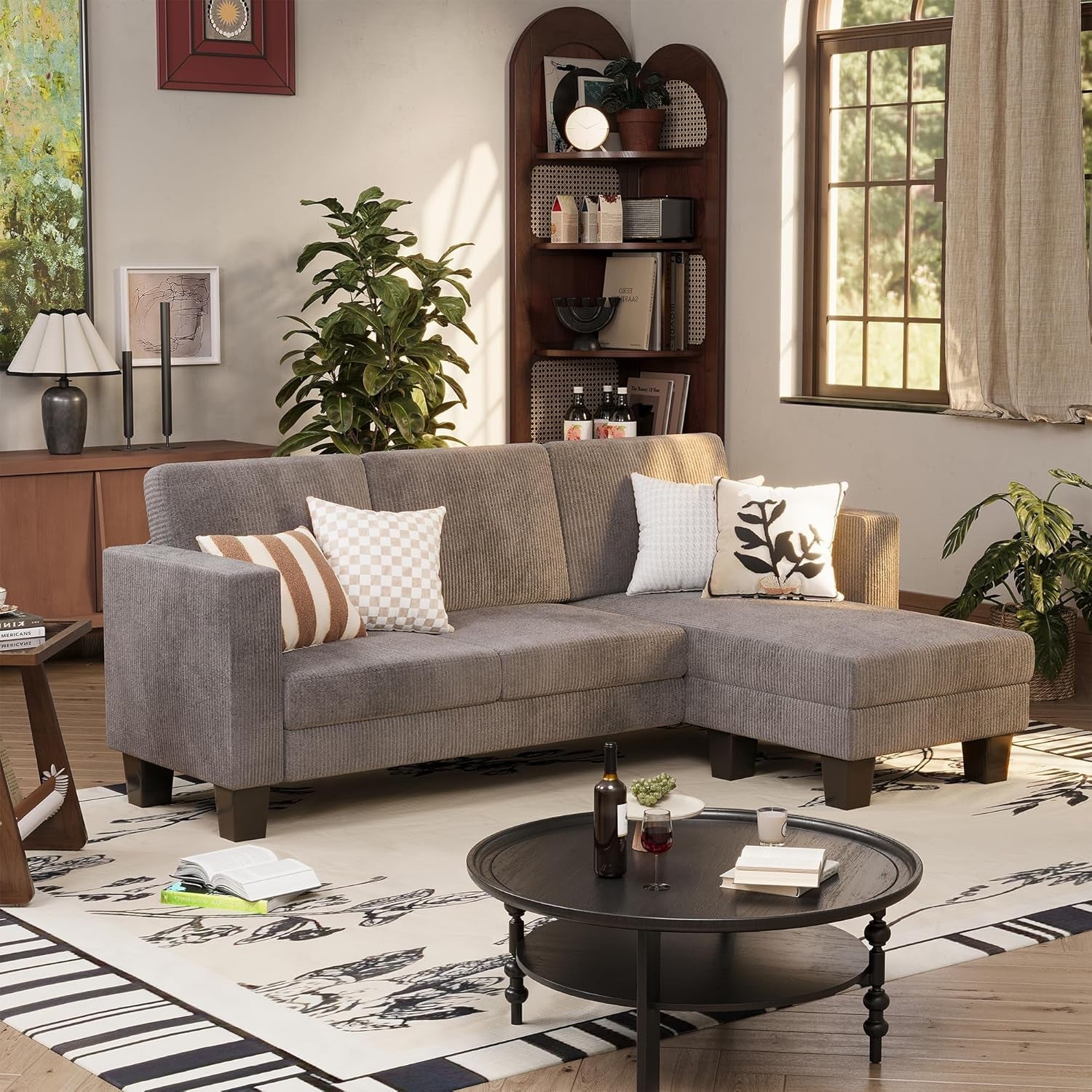 Gray Corduroy Convertible Sectional Sofa 3 Seat L Shape