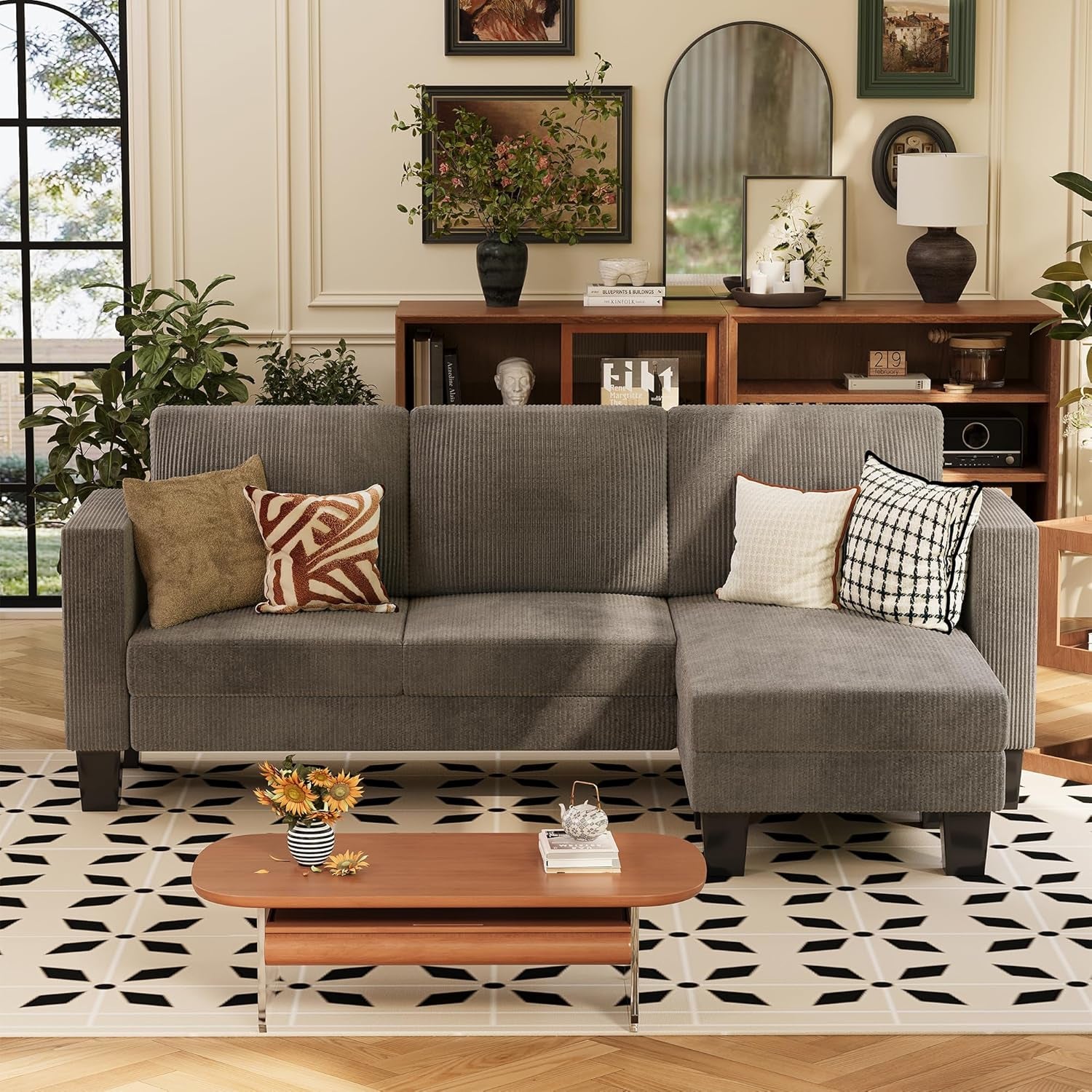Gray Corduroy Convertible Sectional Sofa 3 Seat L Shape