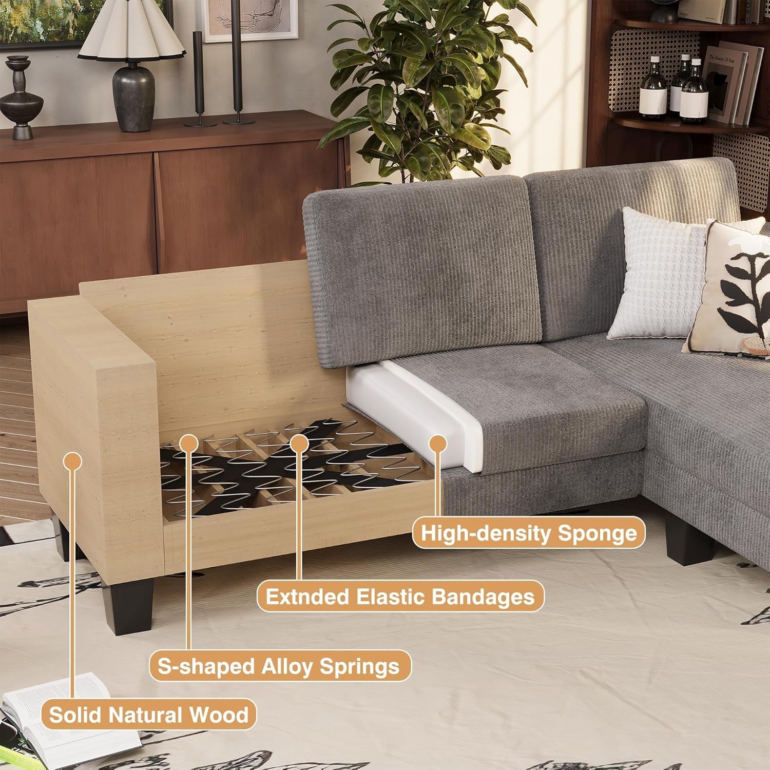 Gray Corduroy Convertible Sectional Sofa 3 Seat L Shape