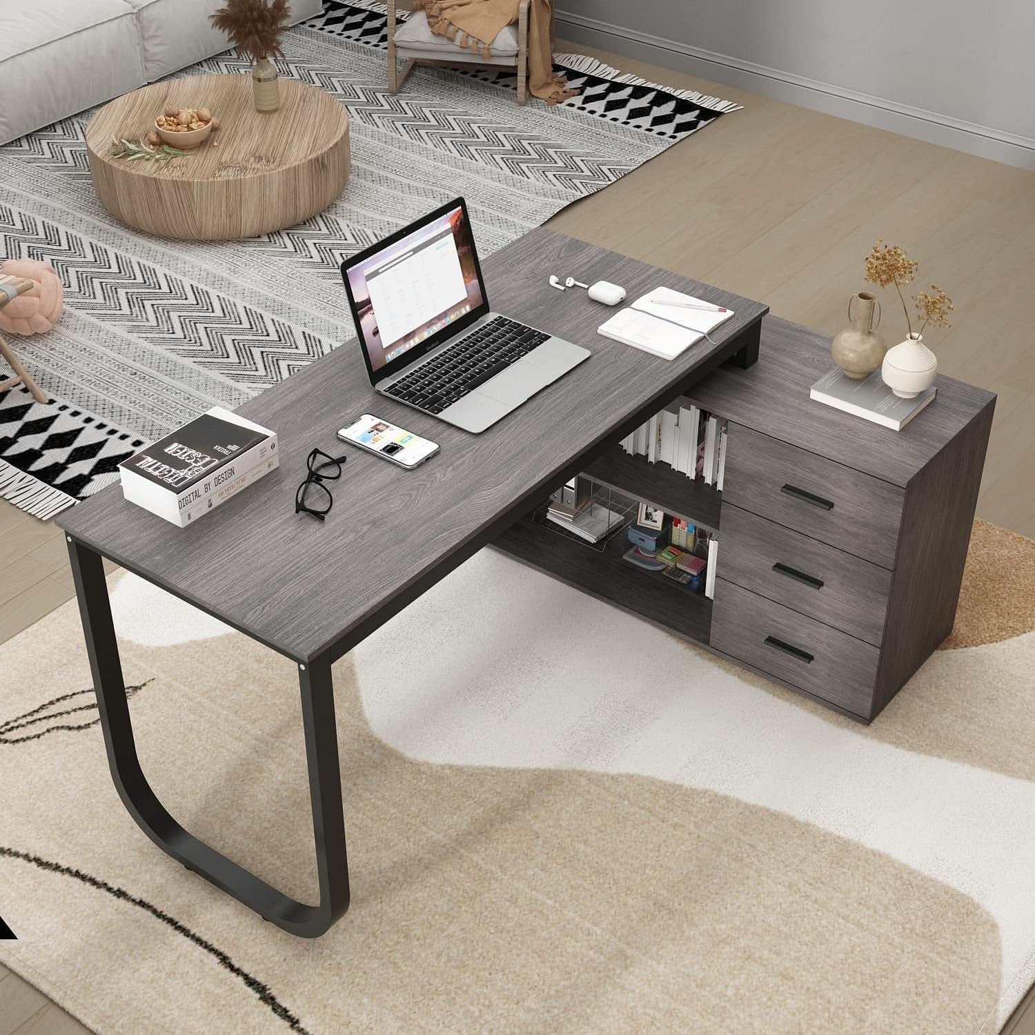 Gray Corner Desk With Drawers For Home Office Workspace