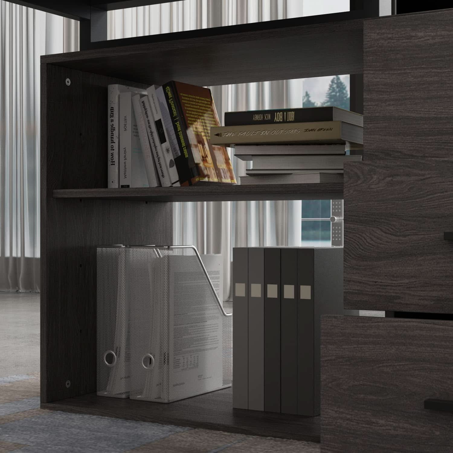 Gray Corner Desk With Drawers For Home Office Workspace