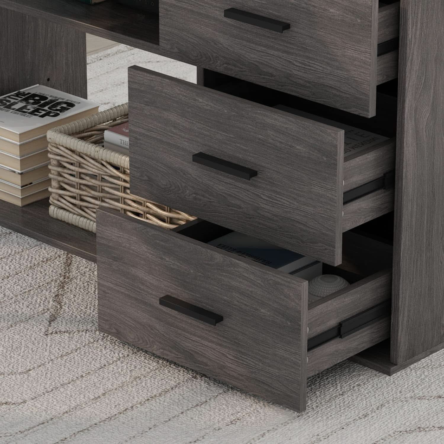 Gray Corner Desk With Drawers For Home Office Workspace