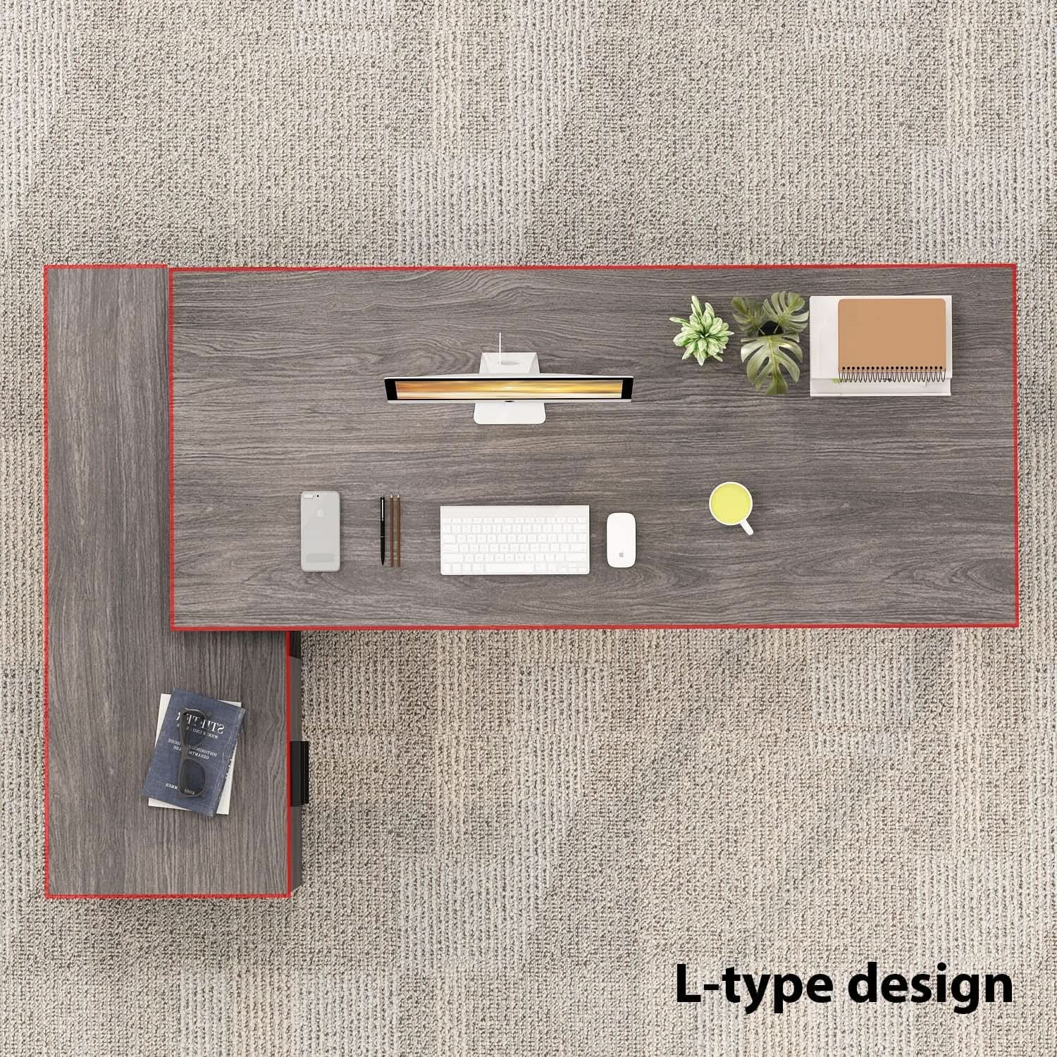 Gray Corner Desk With Drawers For Home Office Workspace
