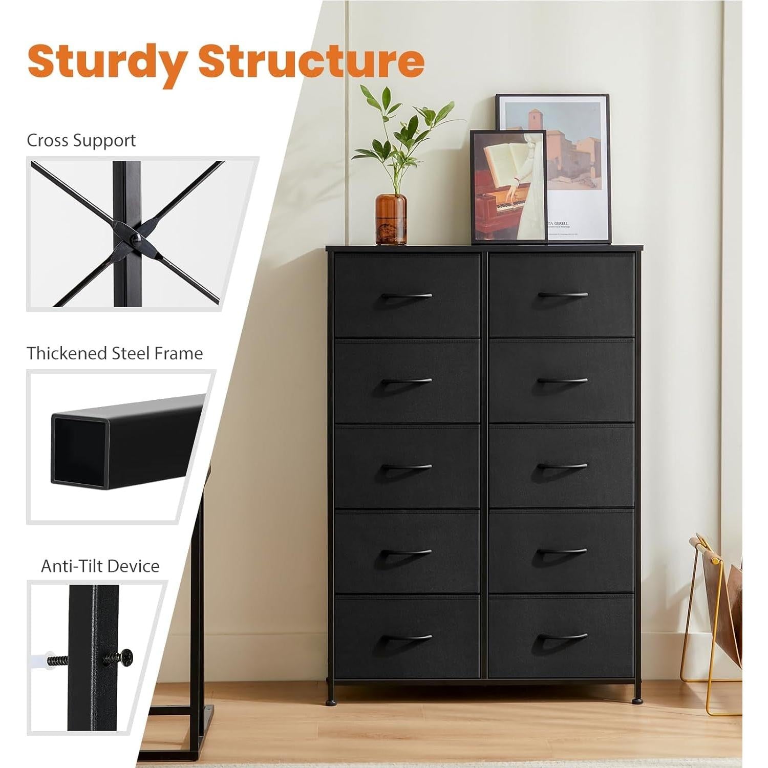 Gray Dresser With 10 Drawers And Durable Metal Frame