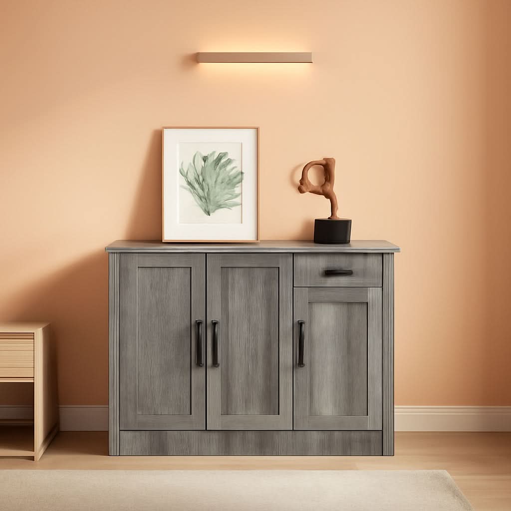 Gray Entryway Sideboard Cabinet With Drawers And Shelves
