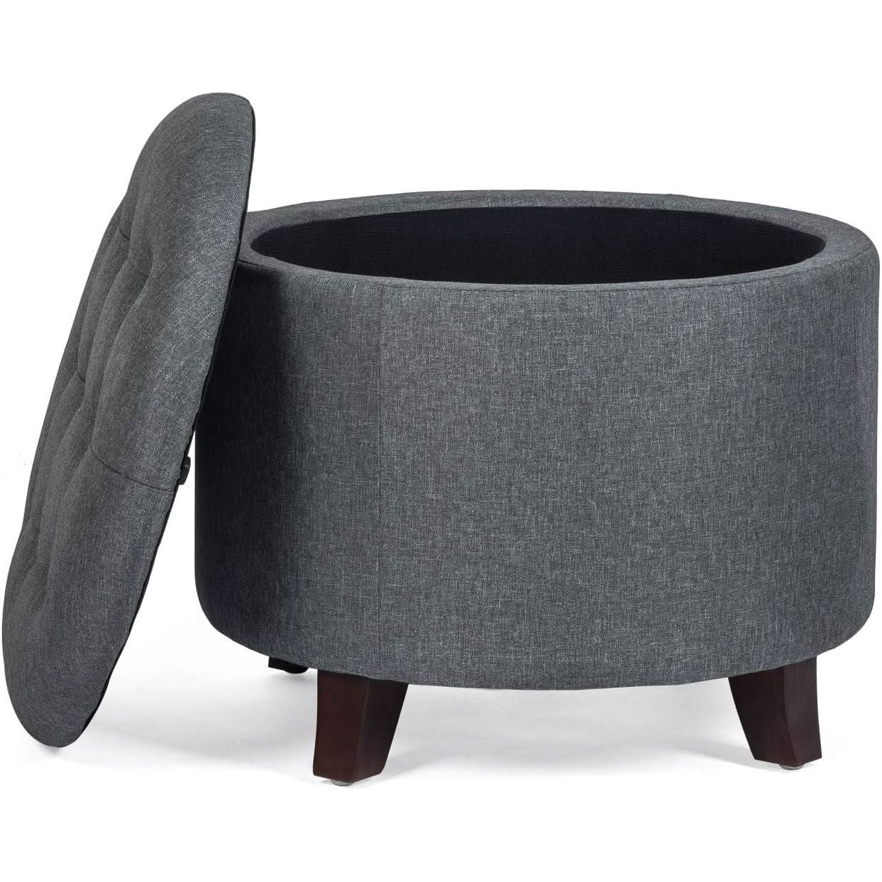 Gray Fabric Round Storage Ottoman With Button Tufting
