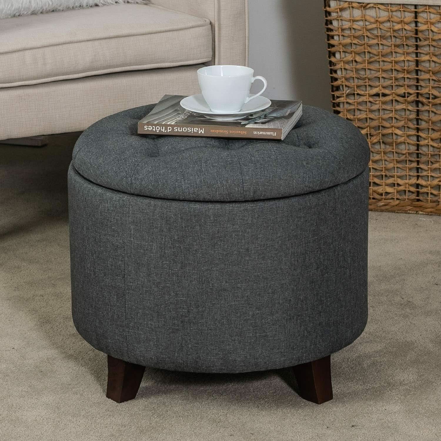Gray Fabric Round Storage Ottoman With Button Tufting