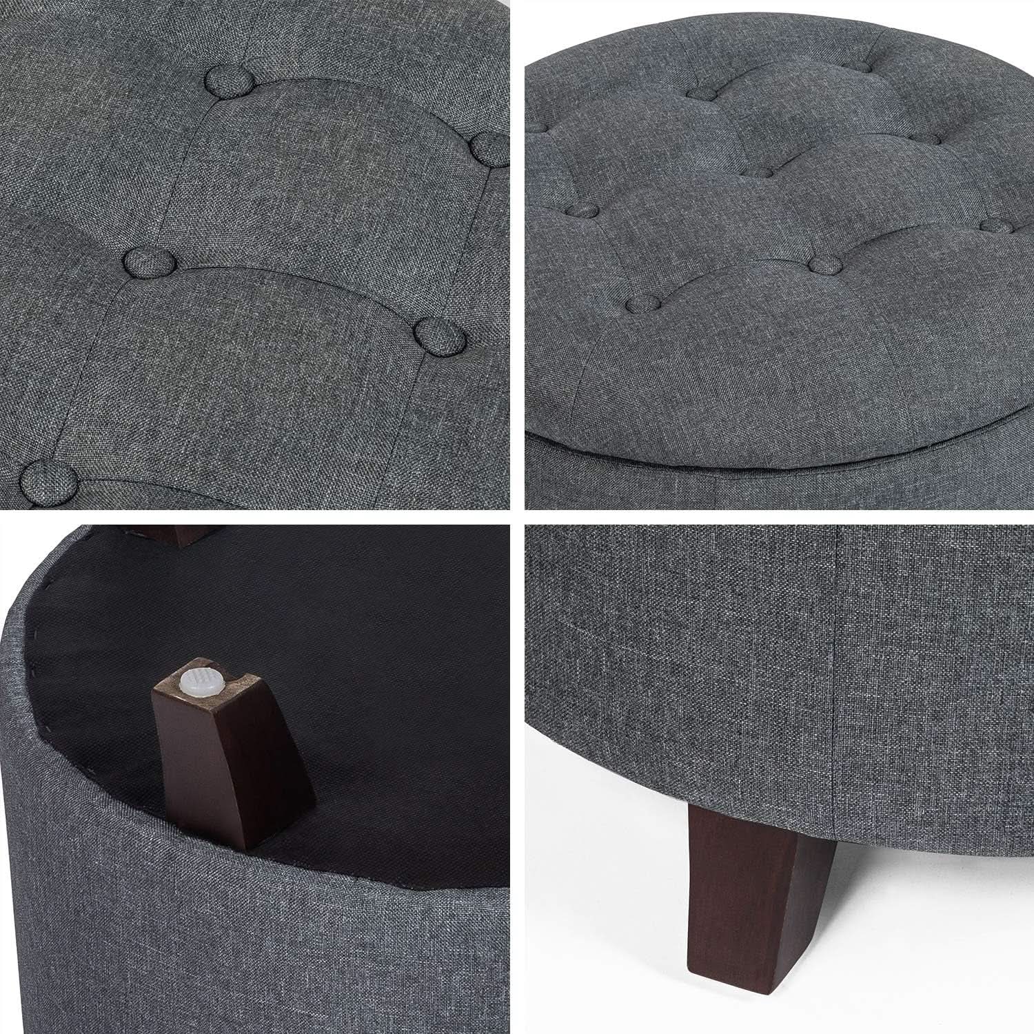 Gray Fabric Round Storage Ottoman With Button Tufting