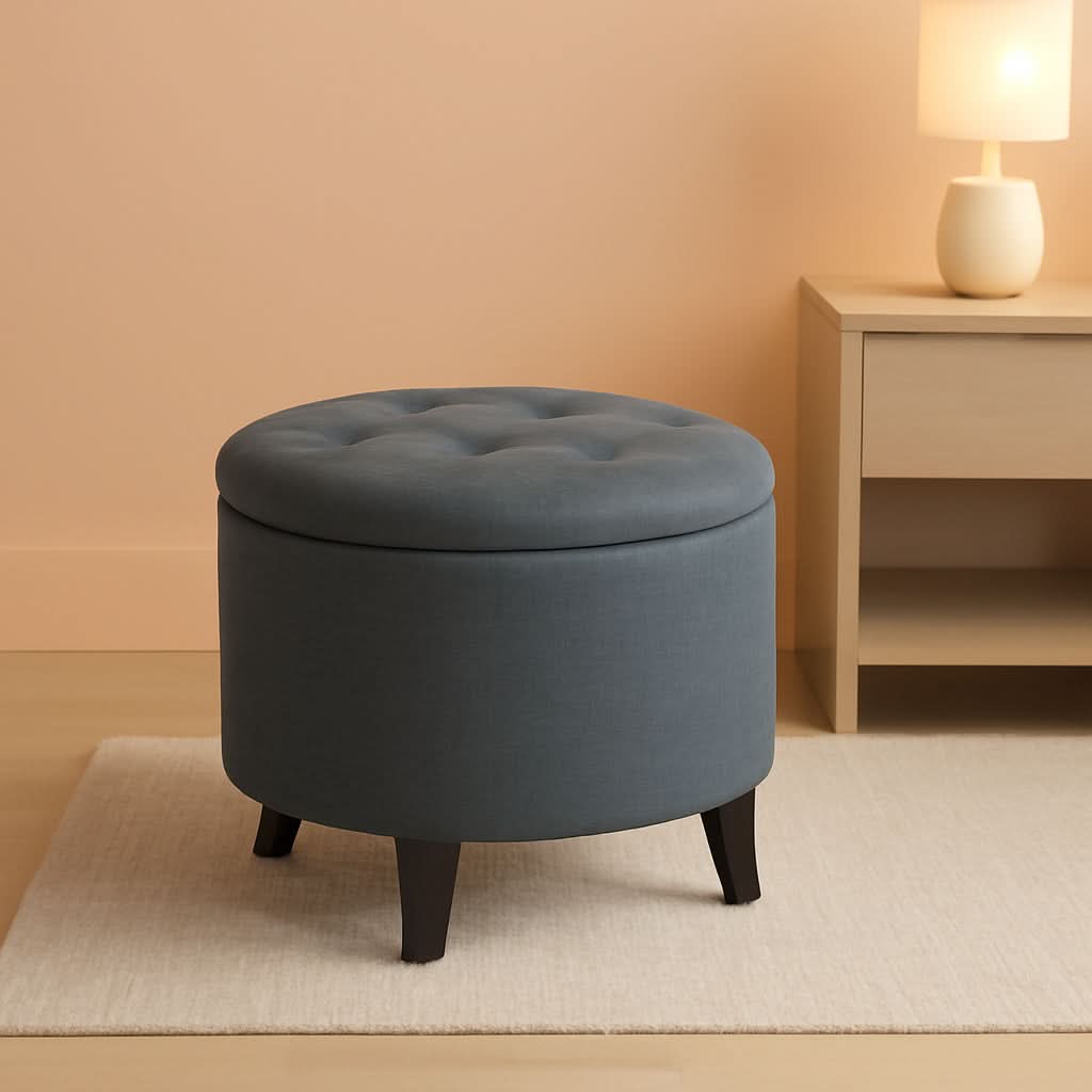 Gray Fabric Round Storage Ottoman With Button Tufting