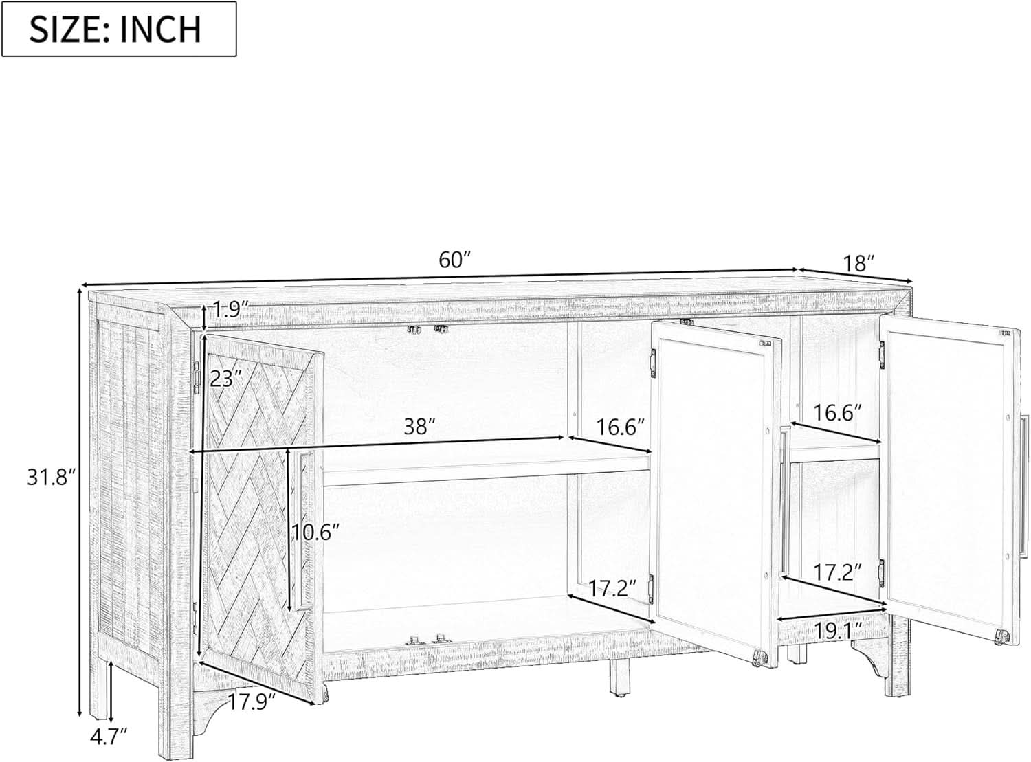 Gray Farmhouse Buffet Sideboard With 3 Doors And Storage
