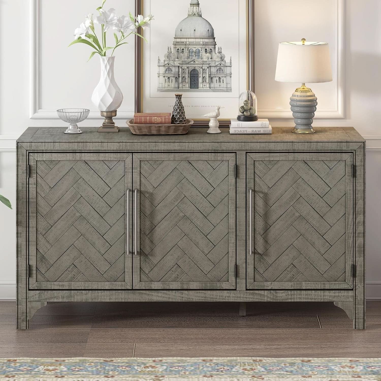 Gray Farmhouse Buffet Sideboard With 3 Doors And Storage