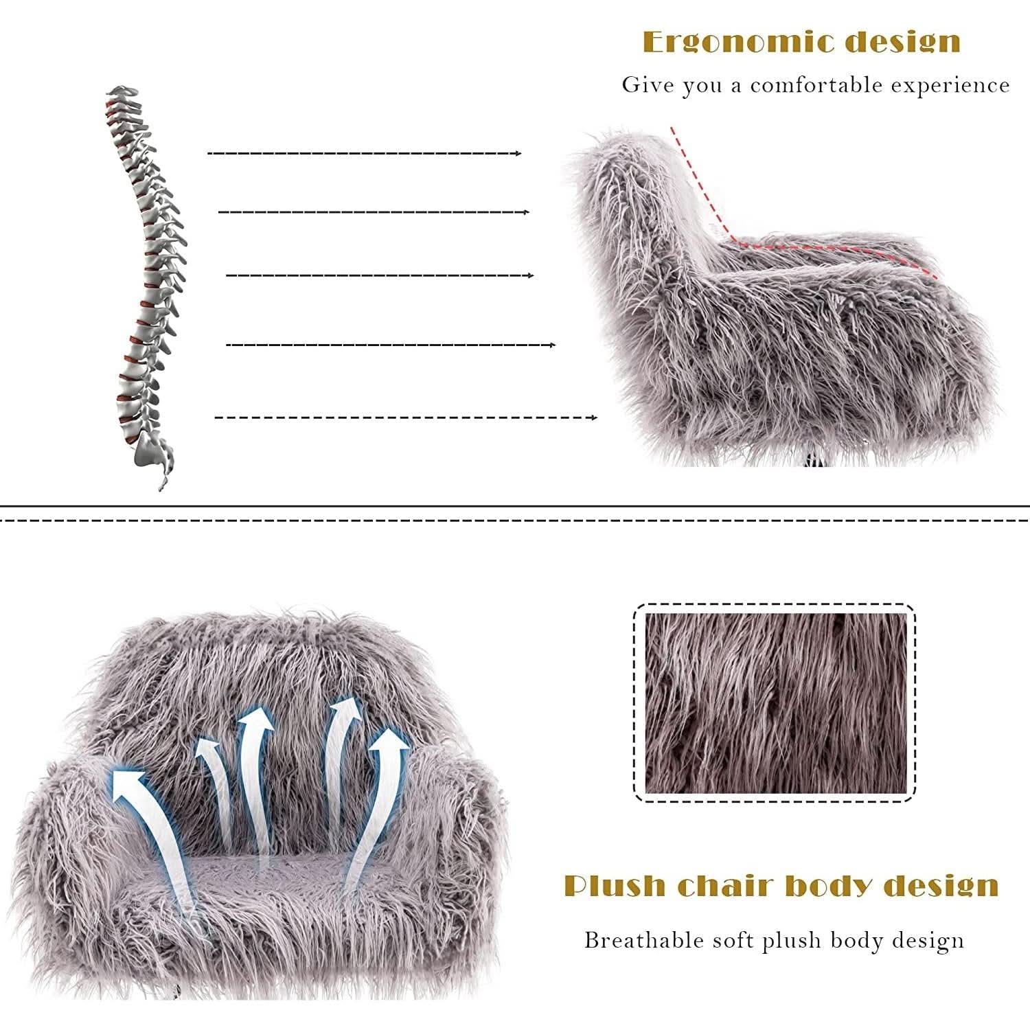 Gray Faux Fur Swivel Office Chair For Home Office Desk
