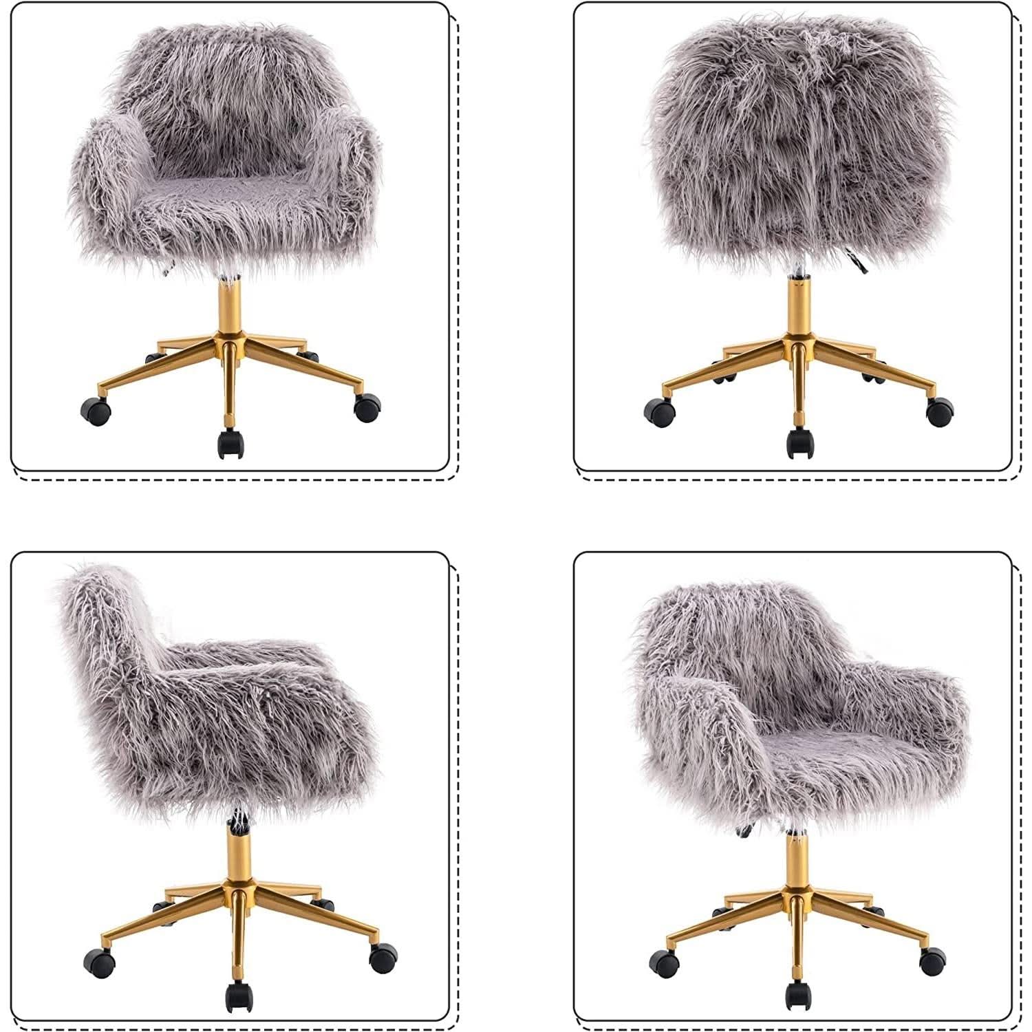 Gray Faux Fur Swivel Office Chair For Home Office Desk