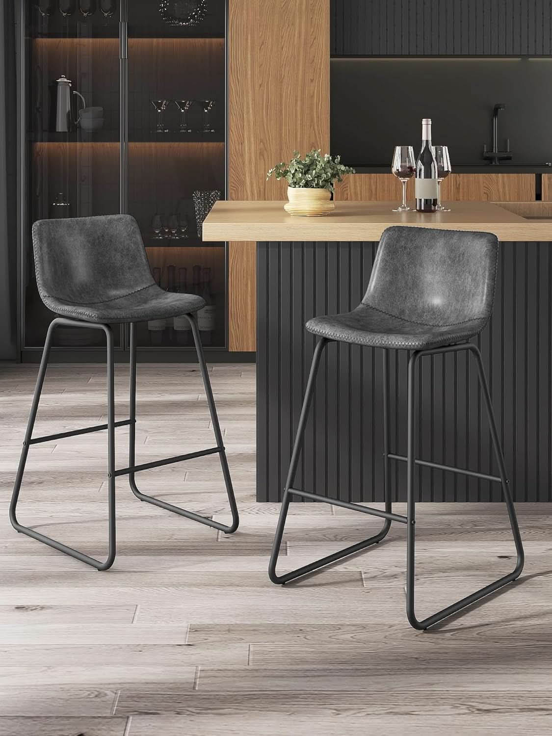 Gray Faux Leather Bar Stools Set Of 3 26 Inch Counter