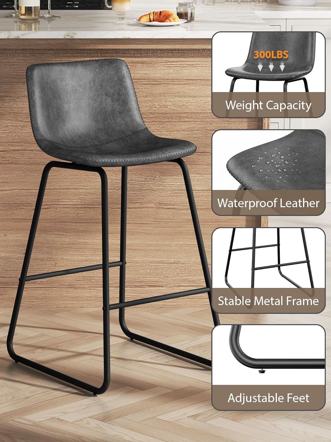 Gray Faux Leather Bar Stools Set Of 3 26 Inch Counter