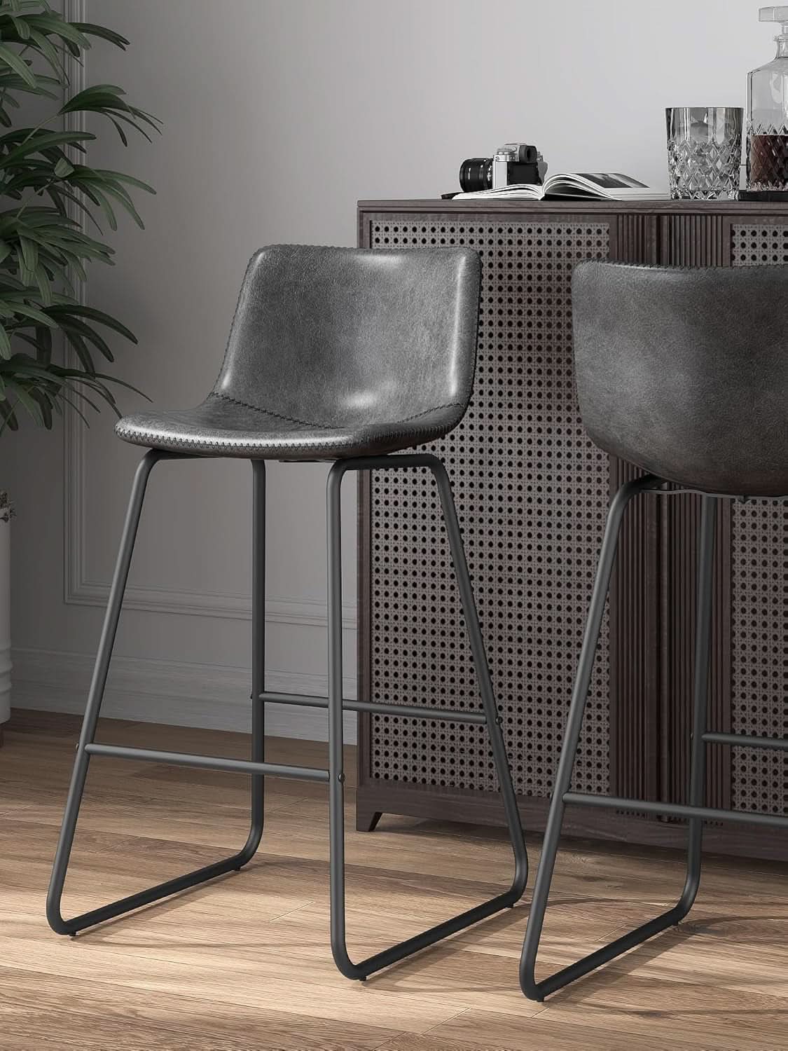 Gray Faux Leather Bar Stools Set Of 3 26 Inch Counter