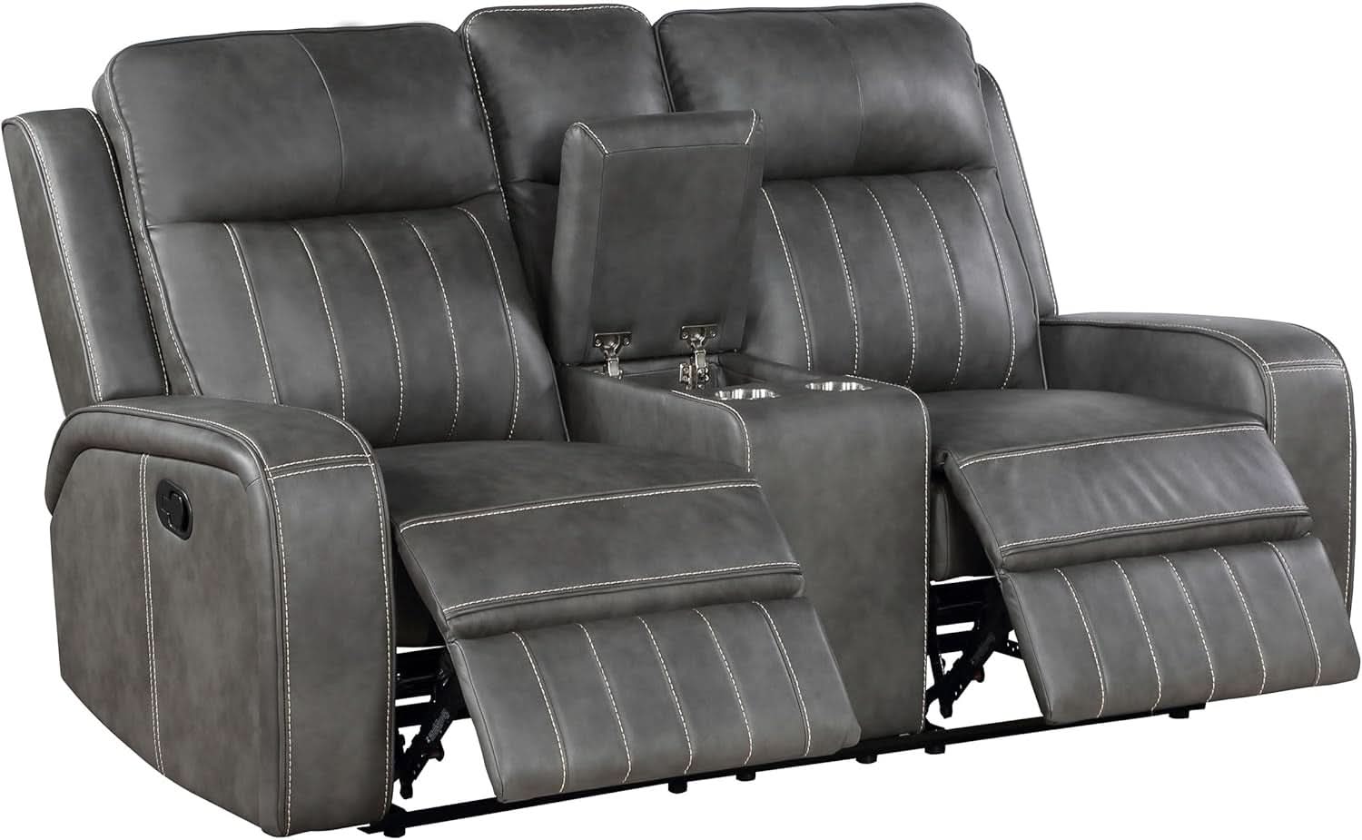 Gray Faux Leather Reclining Loveseat With Manual Recline