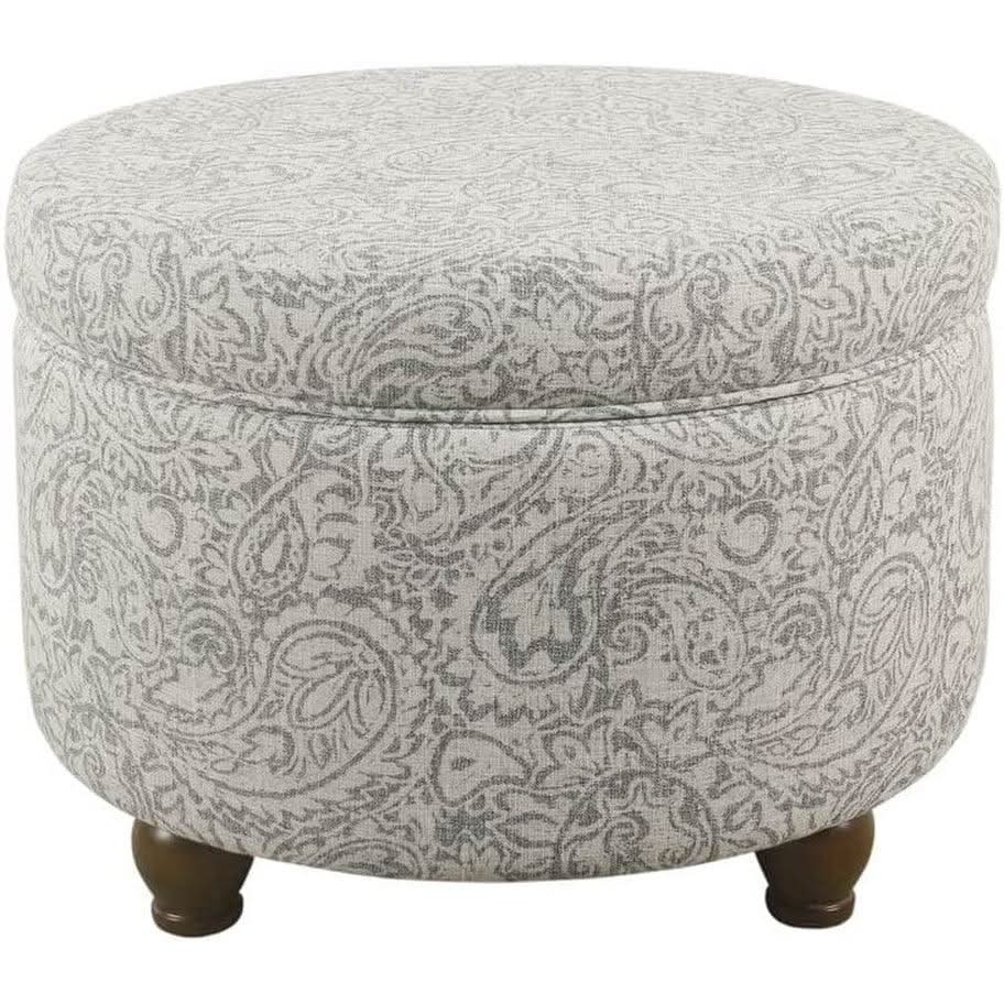 Gray Floral Storage Ottoman Large Round For Living Room