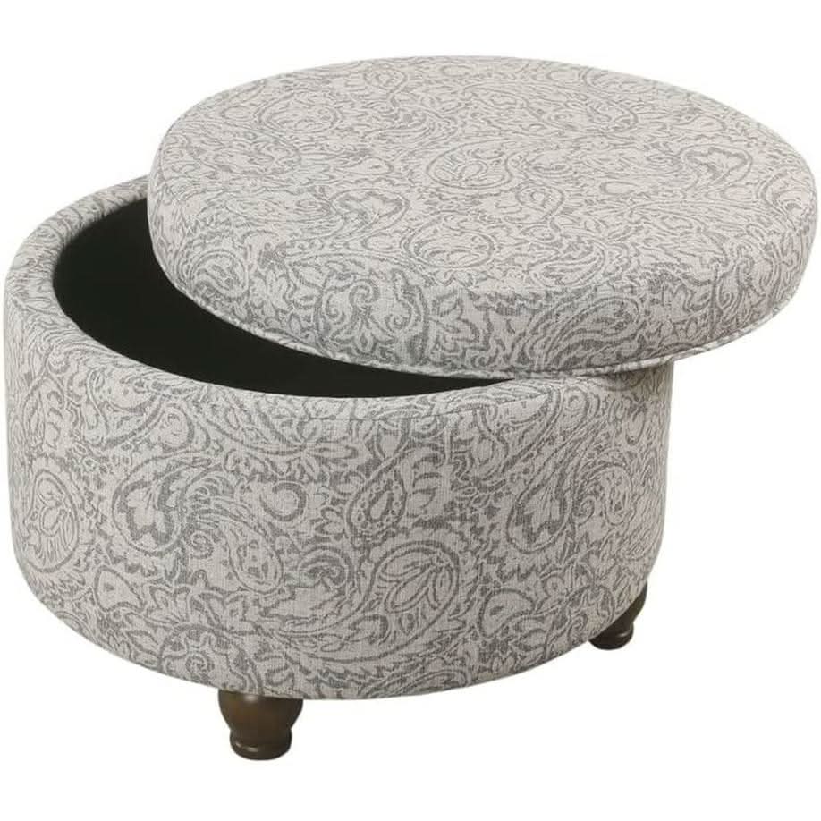 Gray Floral Storage Ottoman Large Round For Living Room