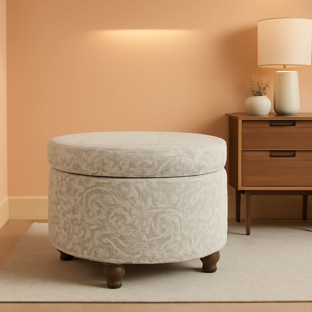 Gray Floral Storage Ottoman Large Round For Living Room