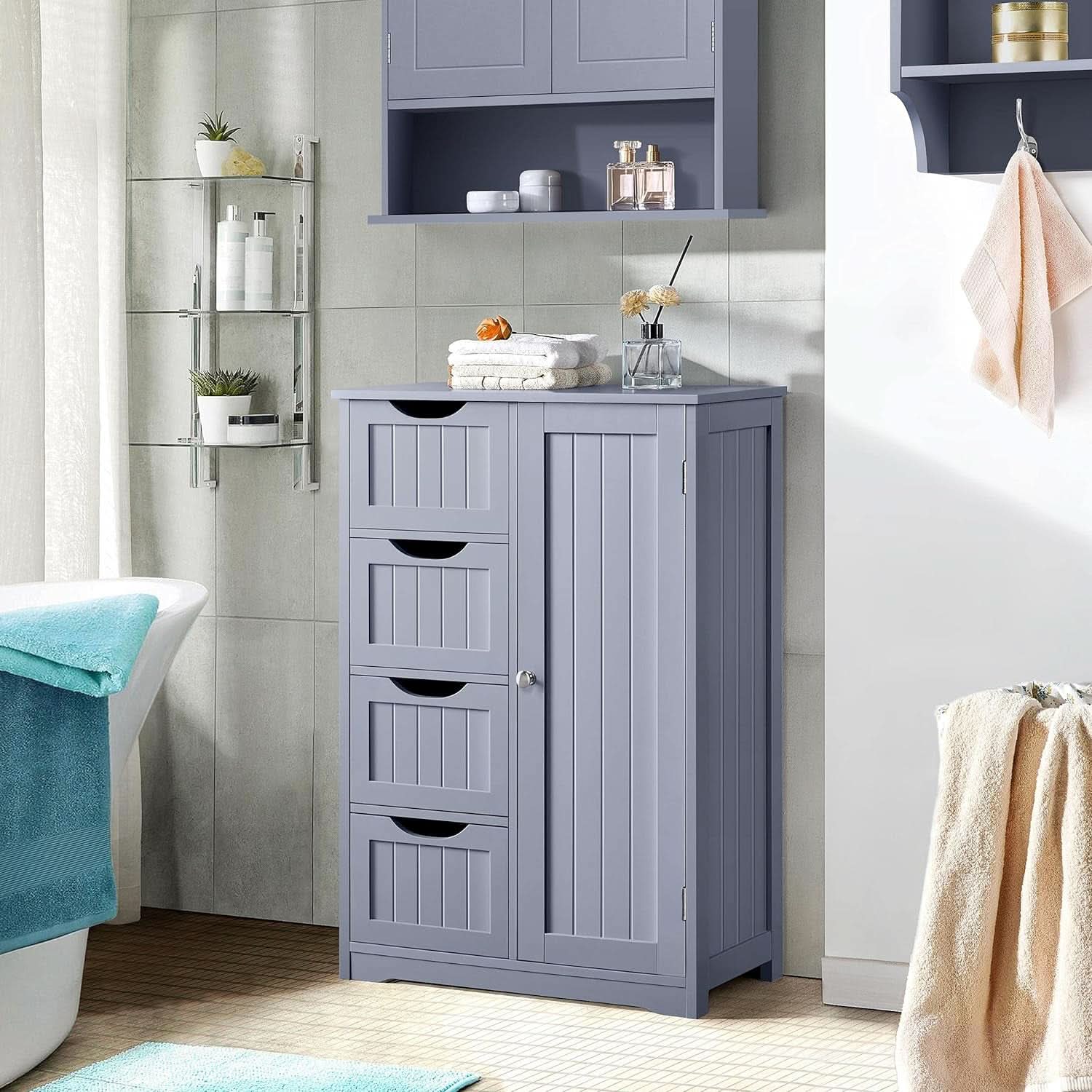 Gray Freestanding Bathroom Floor Cabinet With 4 Drawers