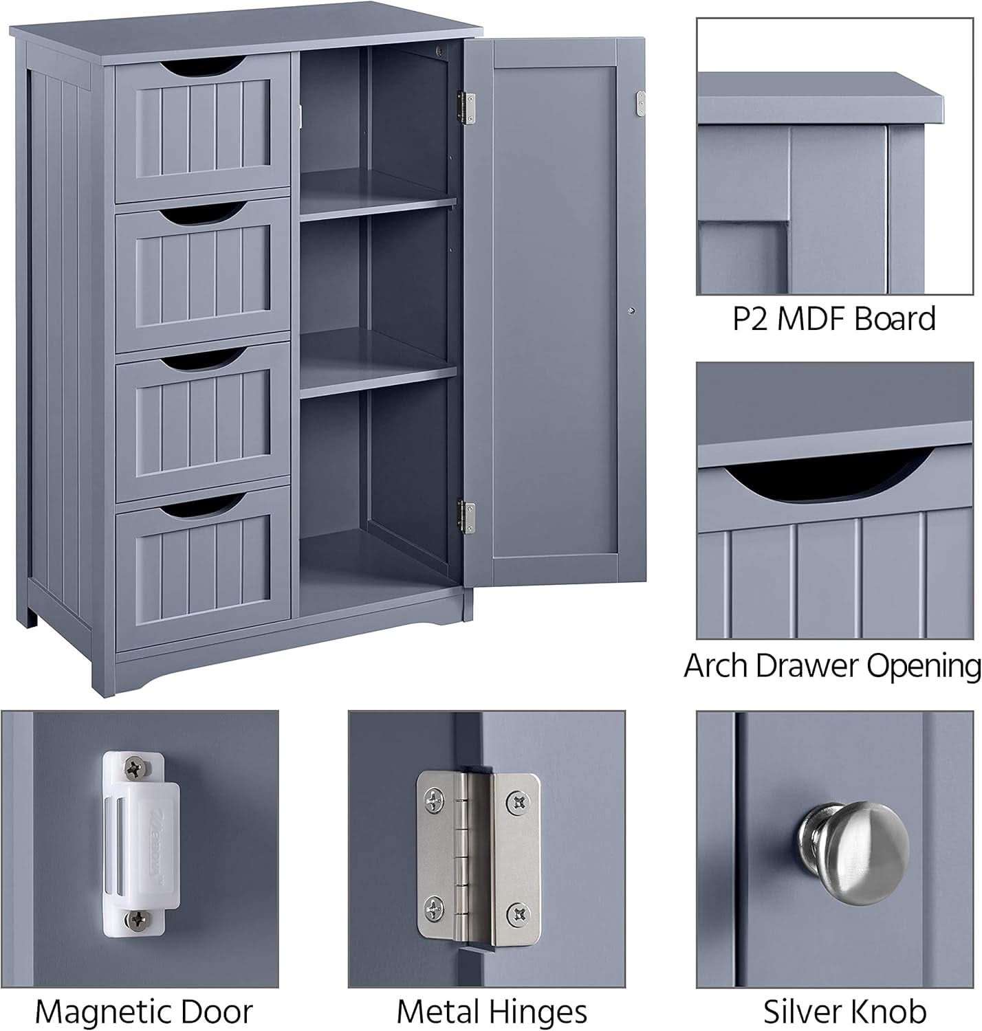 Gray Freestanding Bathroom Floor Cabinet With 4 Drawers