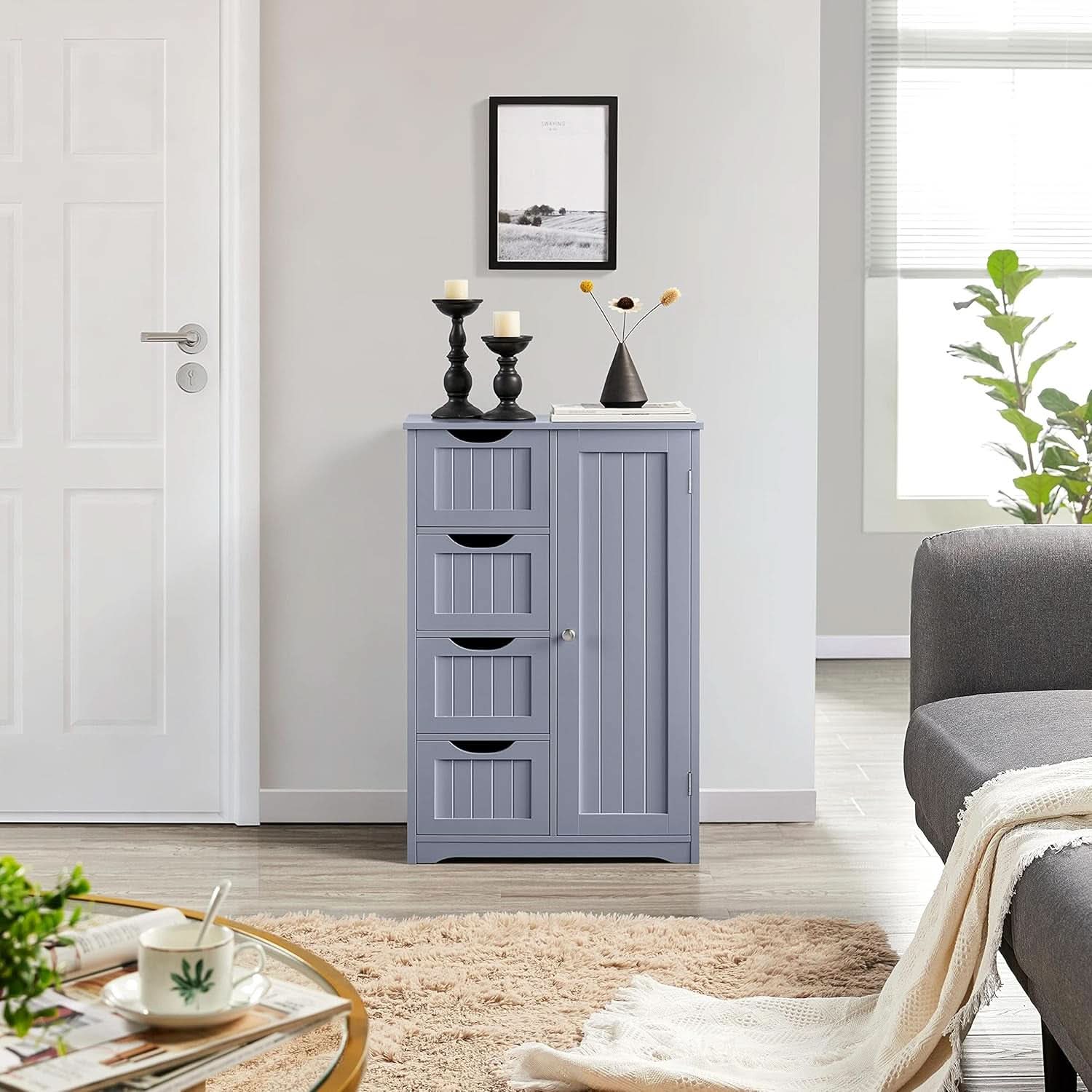 Gray Freestanding Bathroom Floor Cabinet With 4 Drawers