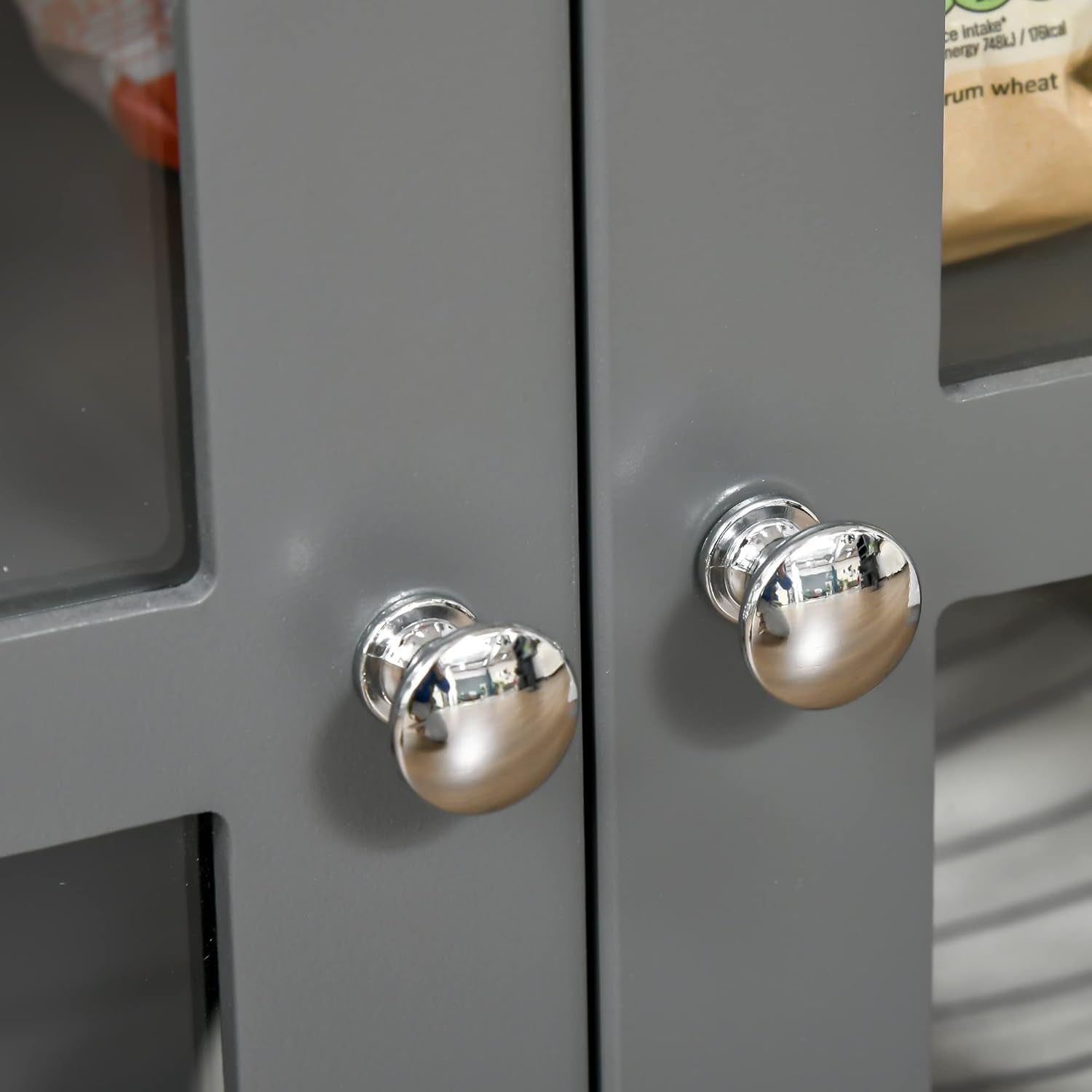 Gray Glass Door Kitchen Cabinet With Drawers And Shelf