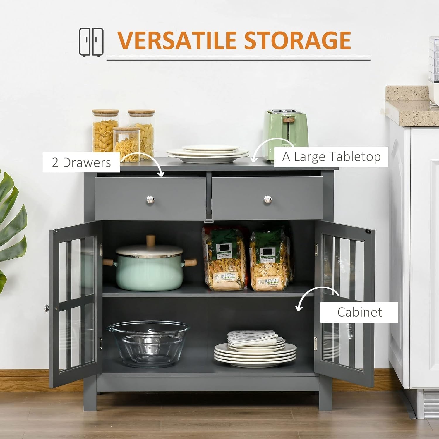 Gray Glass Door Kitchen Cabinet With Drawers And Shelf
