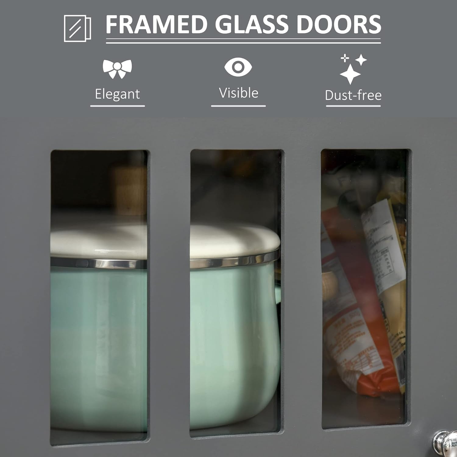 Gray Glass Door Kitchen Cabinet With Drawers And Shelf