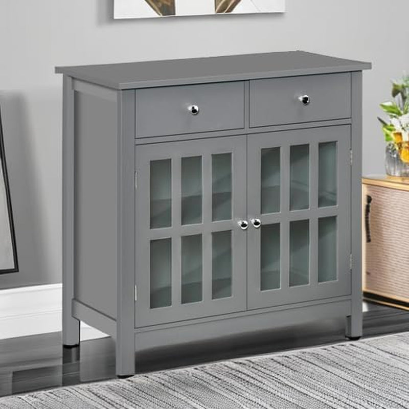 Gray Glass Door Kitchen Cabinet With Drawers And Shelf