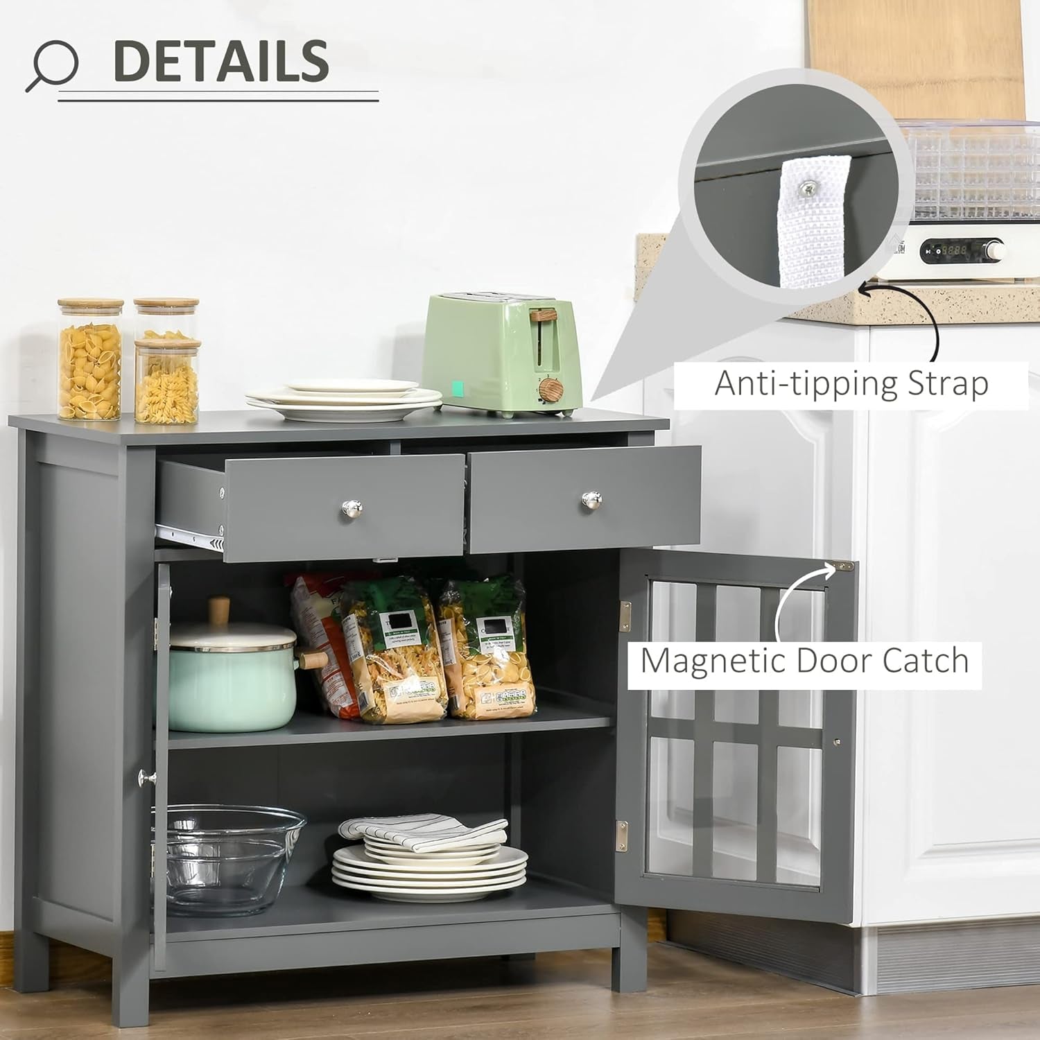 Gray Glass Door Kitchen Cabinet With Drawers And Shelf