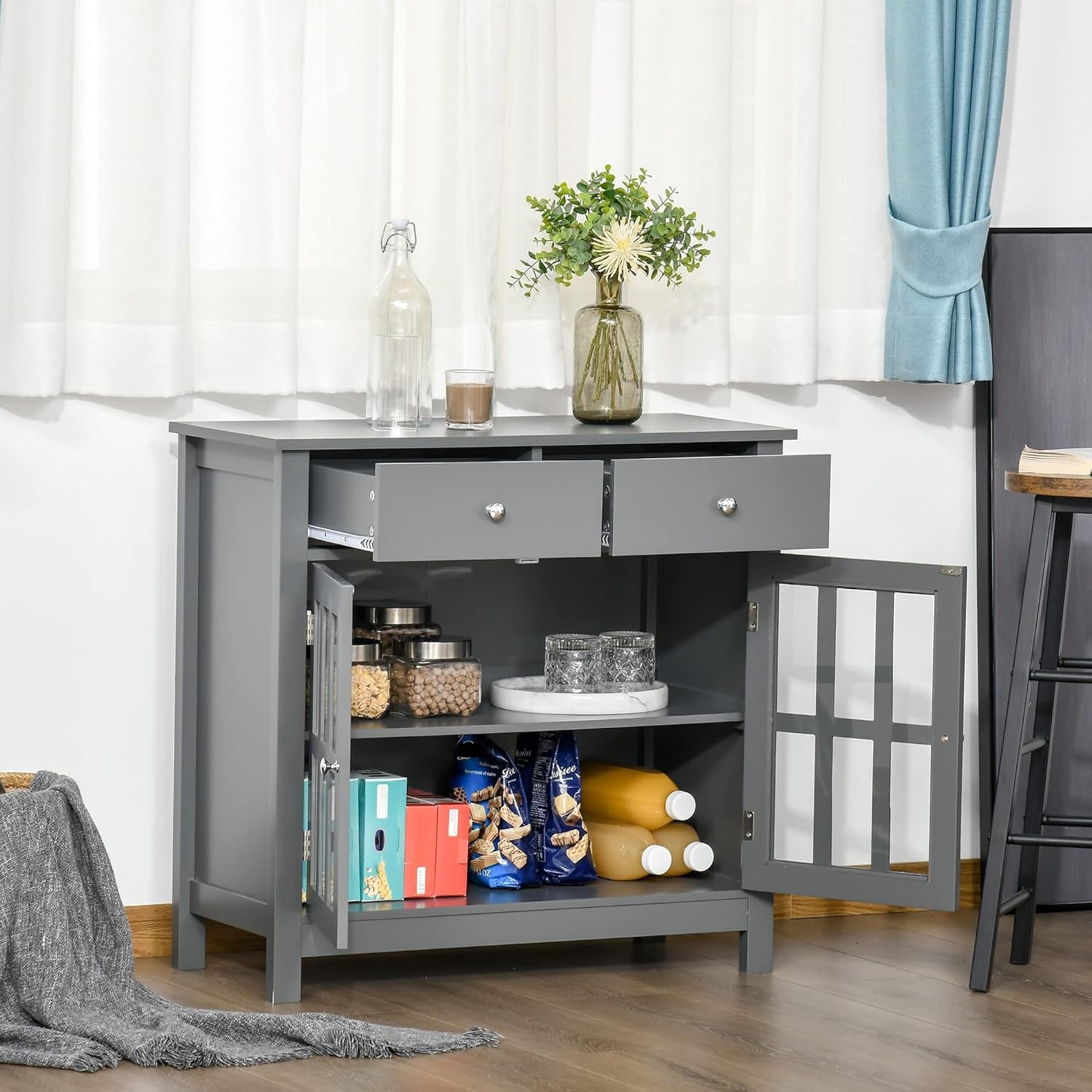 Gray Glass Door Kitchen Cabinet With Drawers And Shelf