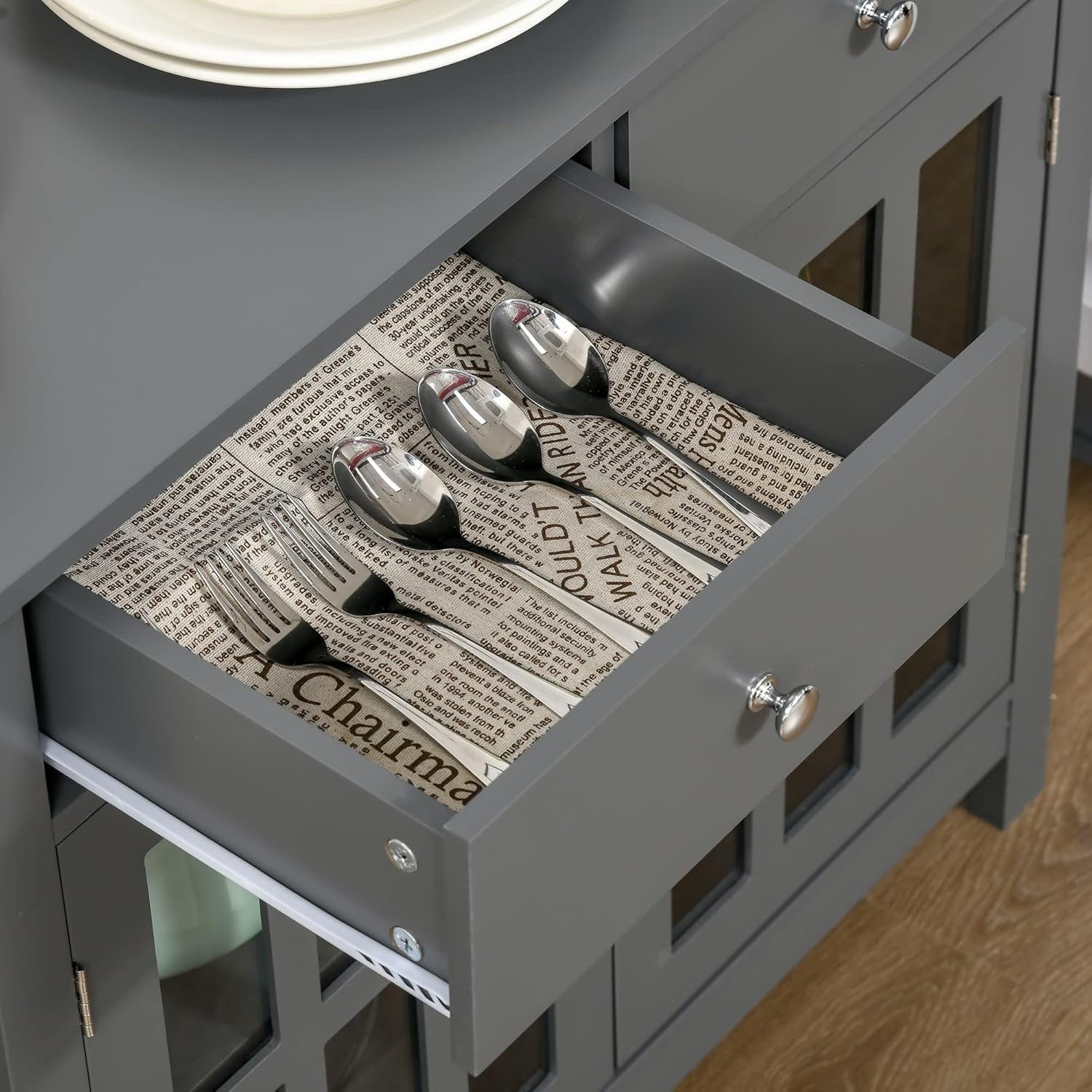 Gray Glass Door Kitchen Cabinet With Drawers And Shelf