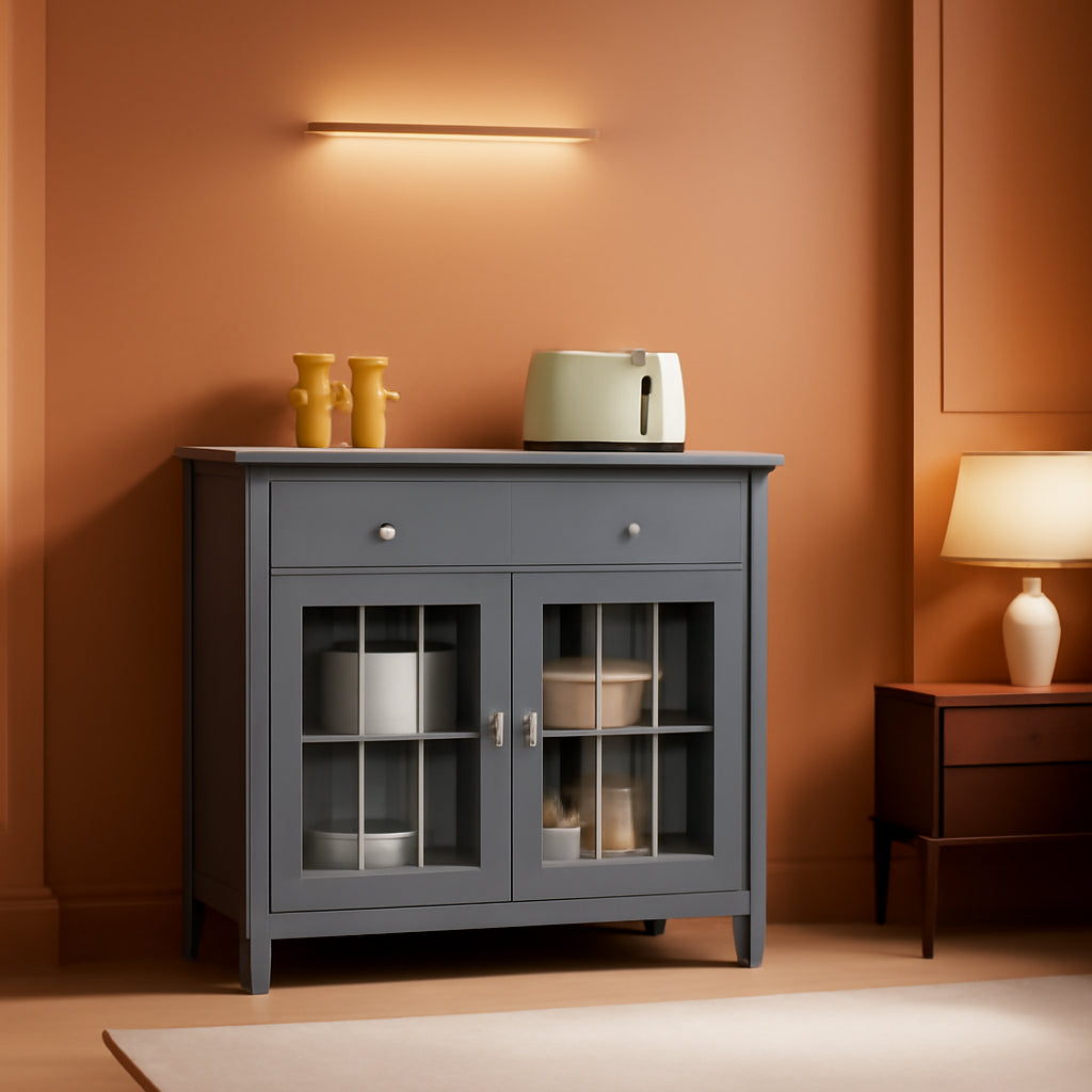 Gray Glass Door Kitchen Cabinet With Drawers And Shelf