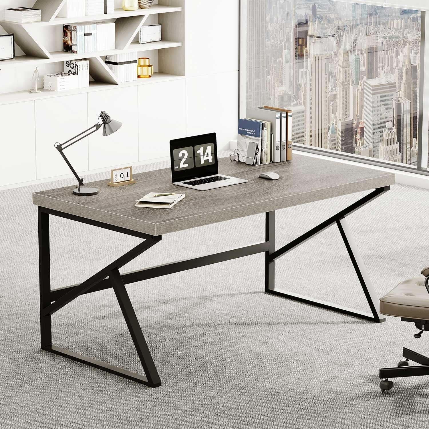 Gray Desktop Gray Industrial Computer Desk for Home Office and Gaming