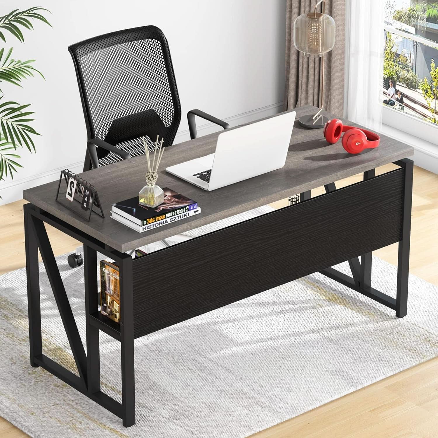 Gray L-Shaped Desk 55 Inch With Storage Cabinet For Office