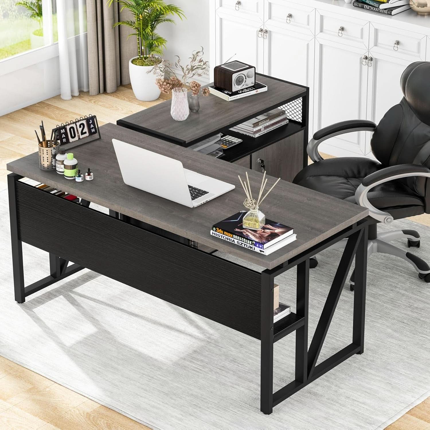 Gray L-Shaped Desk 55 Inch With Storage Cabinet For Office