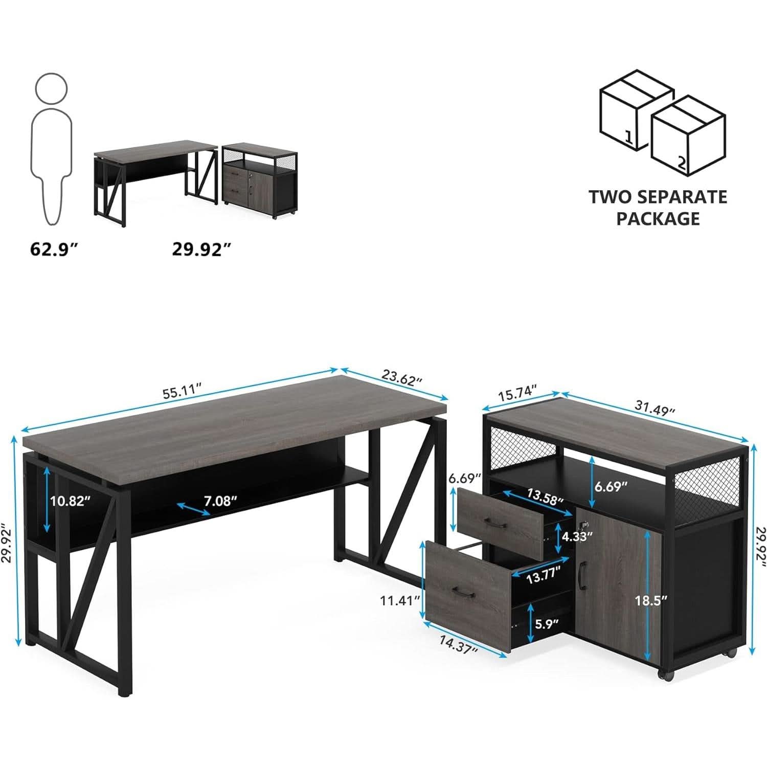 Gray L-Shaped Desk 55 Inch With Storage Cabinet For Office