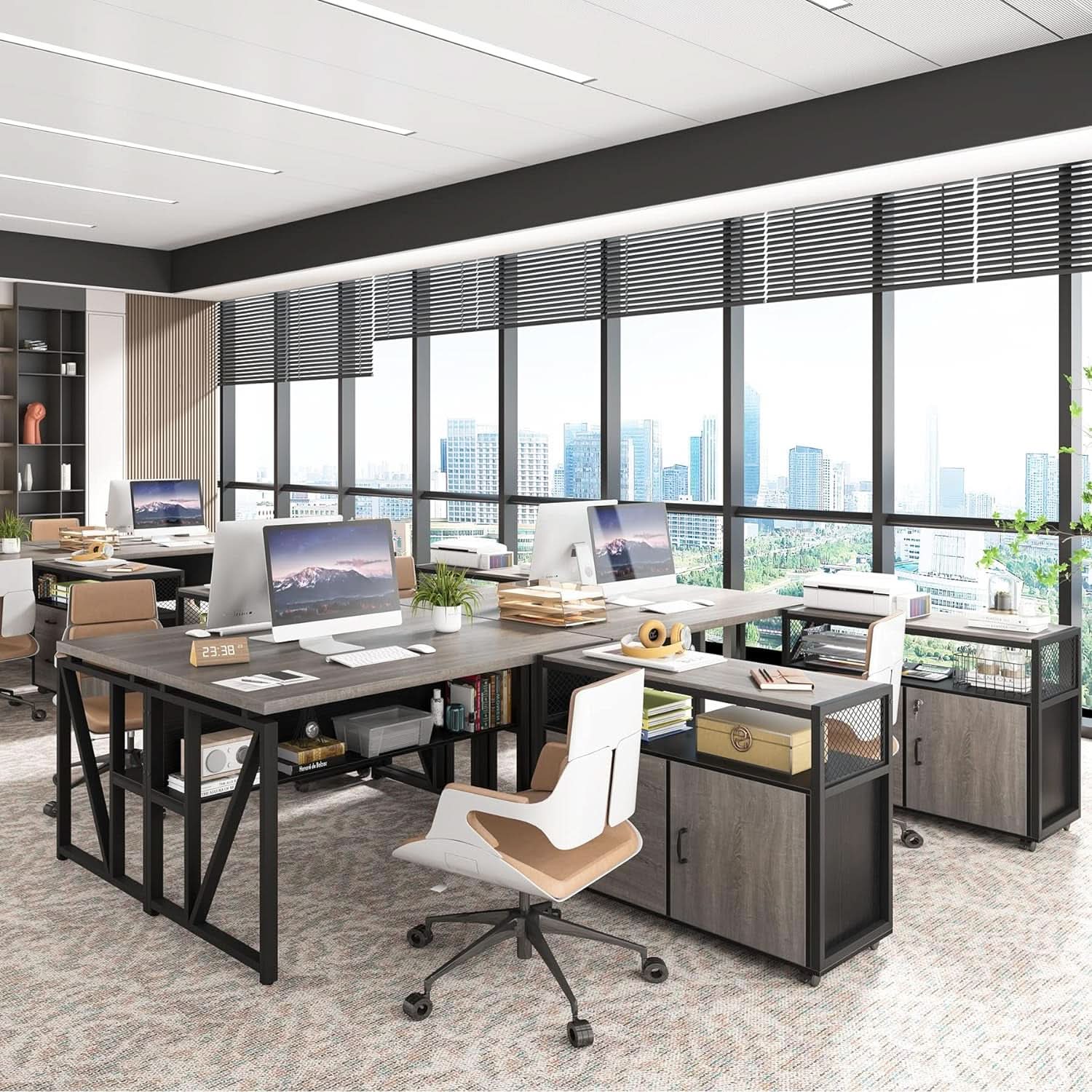 Gray L-Shaped Desk 55 Inch With Storage Cabinet For Office
