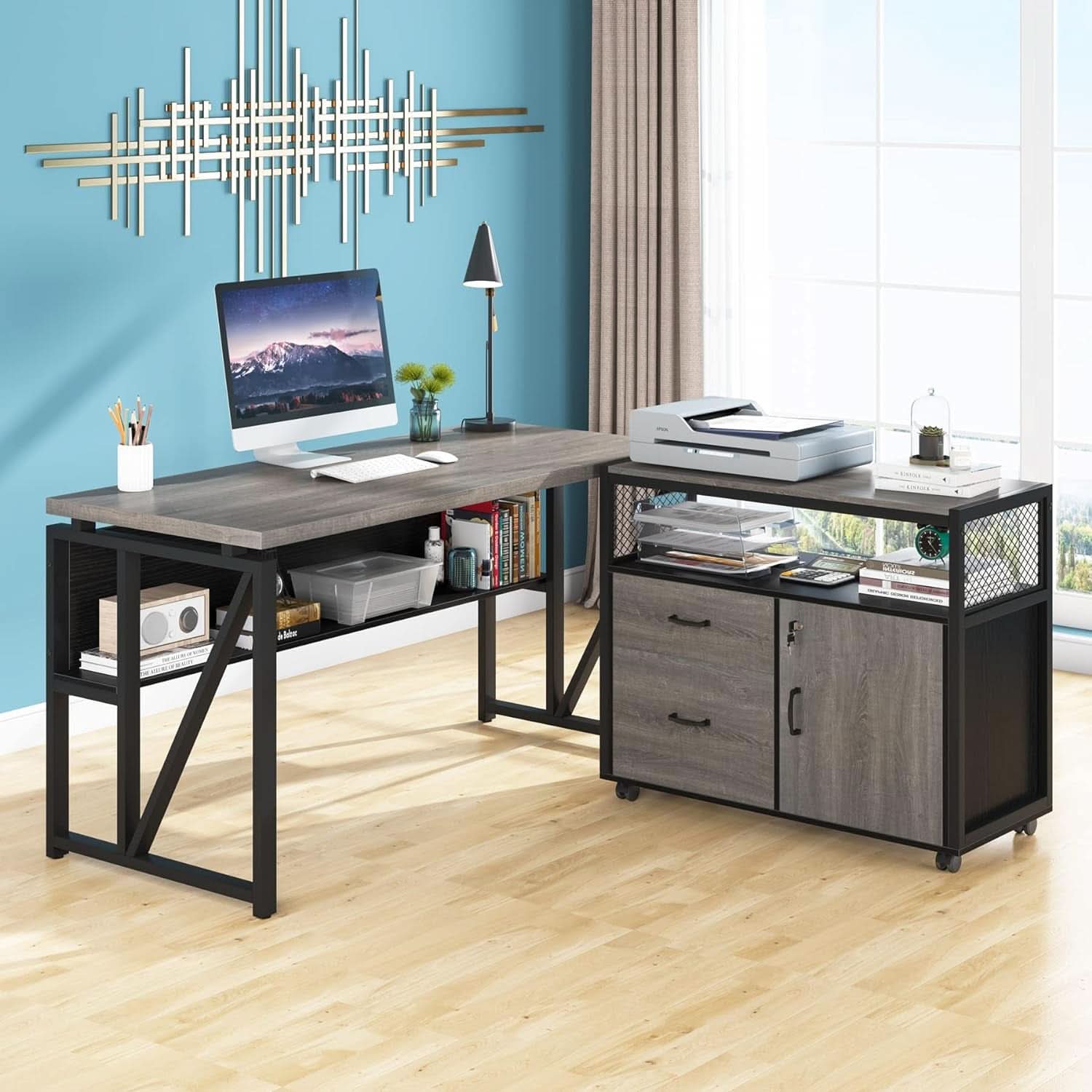 Gray L-Shaped Desk 55 Inch With Storage Cabinet For Office