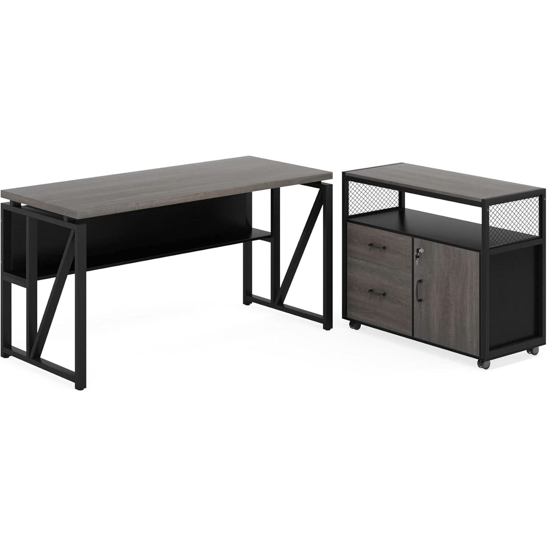 Gray L-Shaped Desk 55 Inch With Storage Cabinet For Office