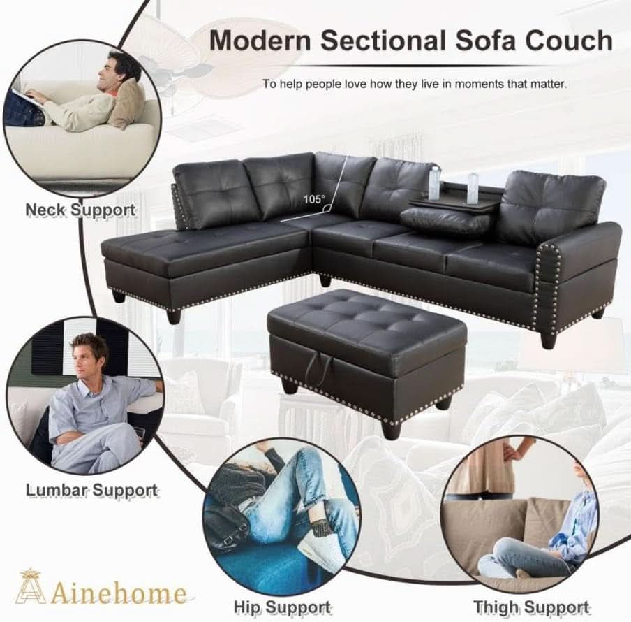 Gray L Shaped Sectional Sofa With Cup Holders And Chaise