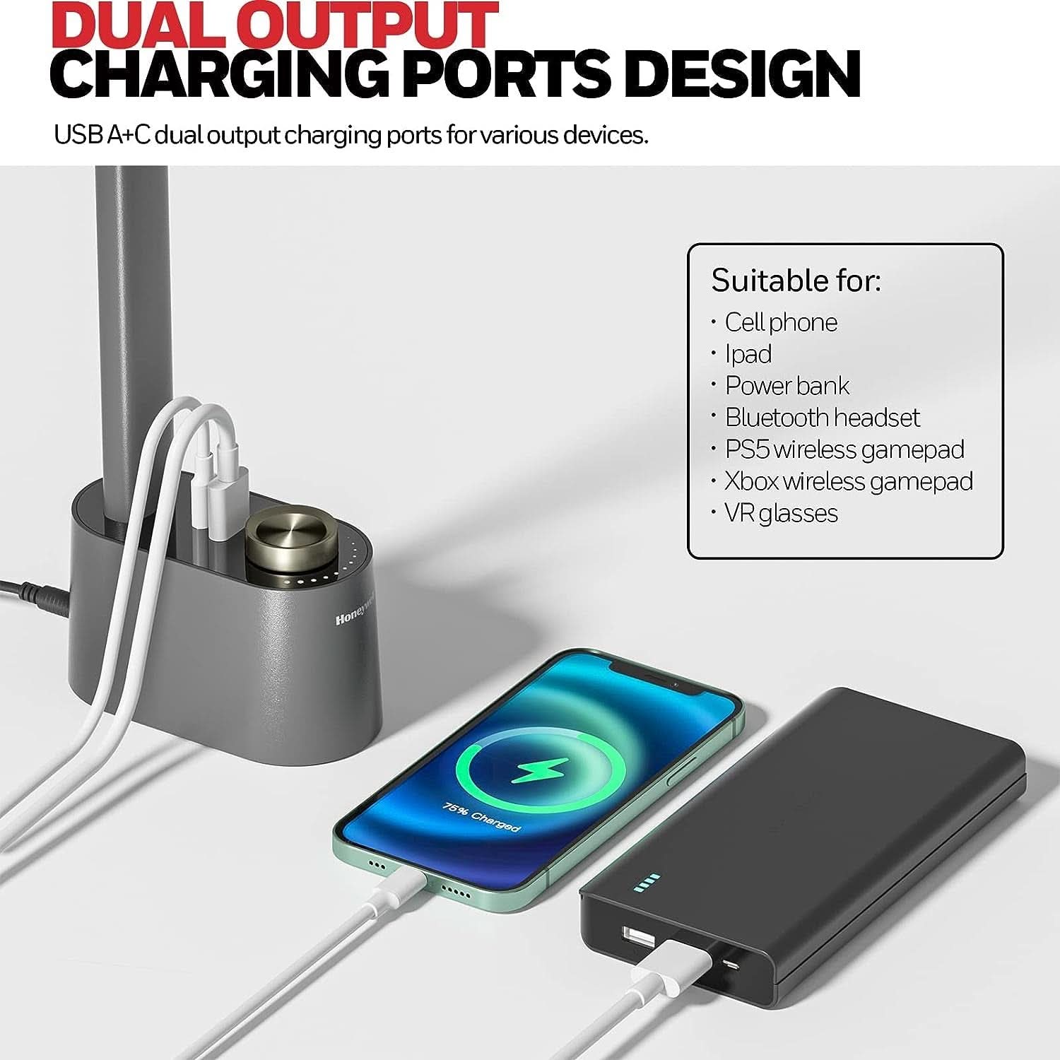 Gray LED Desk Lamp With Stepless Dimming And USB A And C